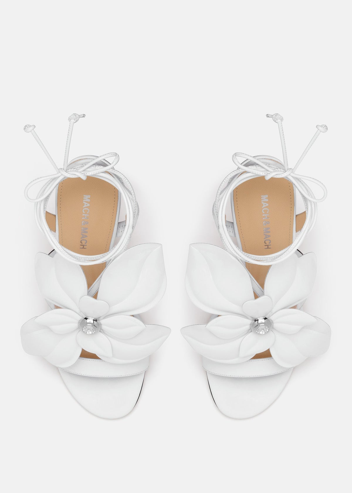 Amelie White Patent Leather Sandals – crystal detail view showing patent leather, white, Vowalisse