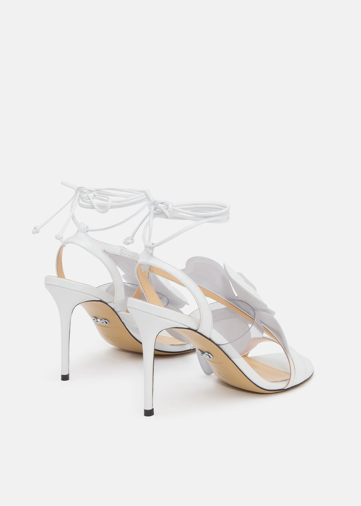 Amelie White Patent Leather Sandals – heel view showing patent leather, white, Vowalisse
