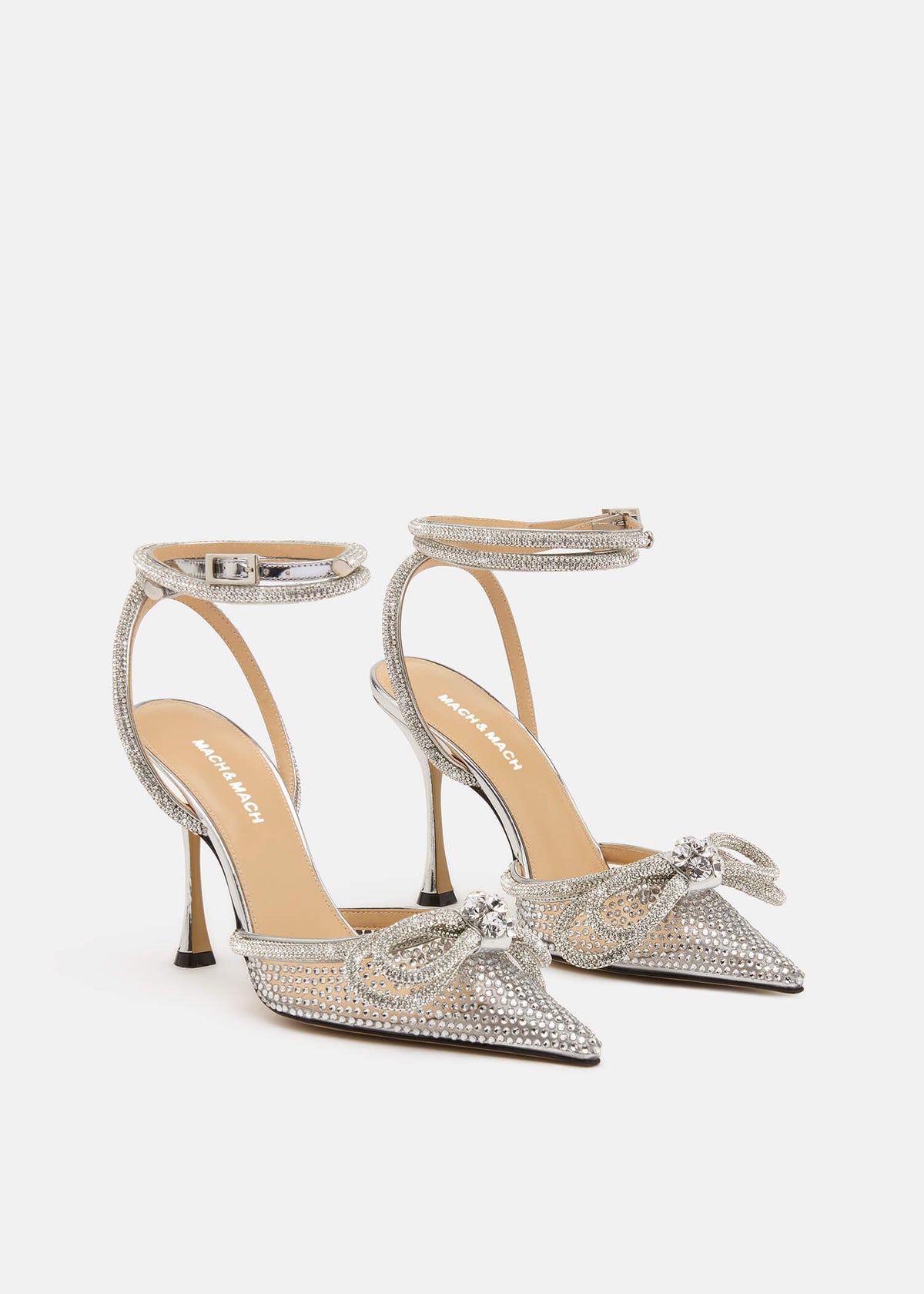 Willow Silver Double Bow Pumps – side profile showing double bow, crystal, satin, silver, Vowalisse