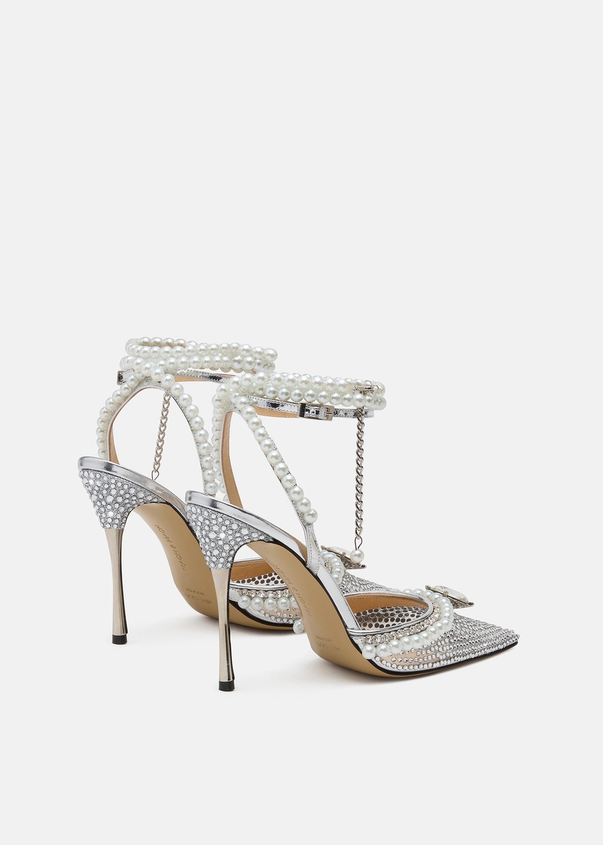 Hazel Silver Crystal Pumps – rear view showing crystal, pearl, metallic, red, Vowalisse