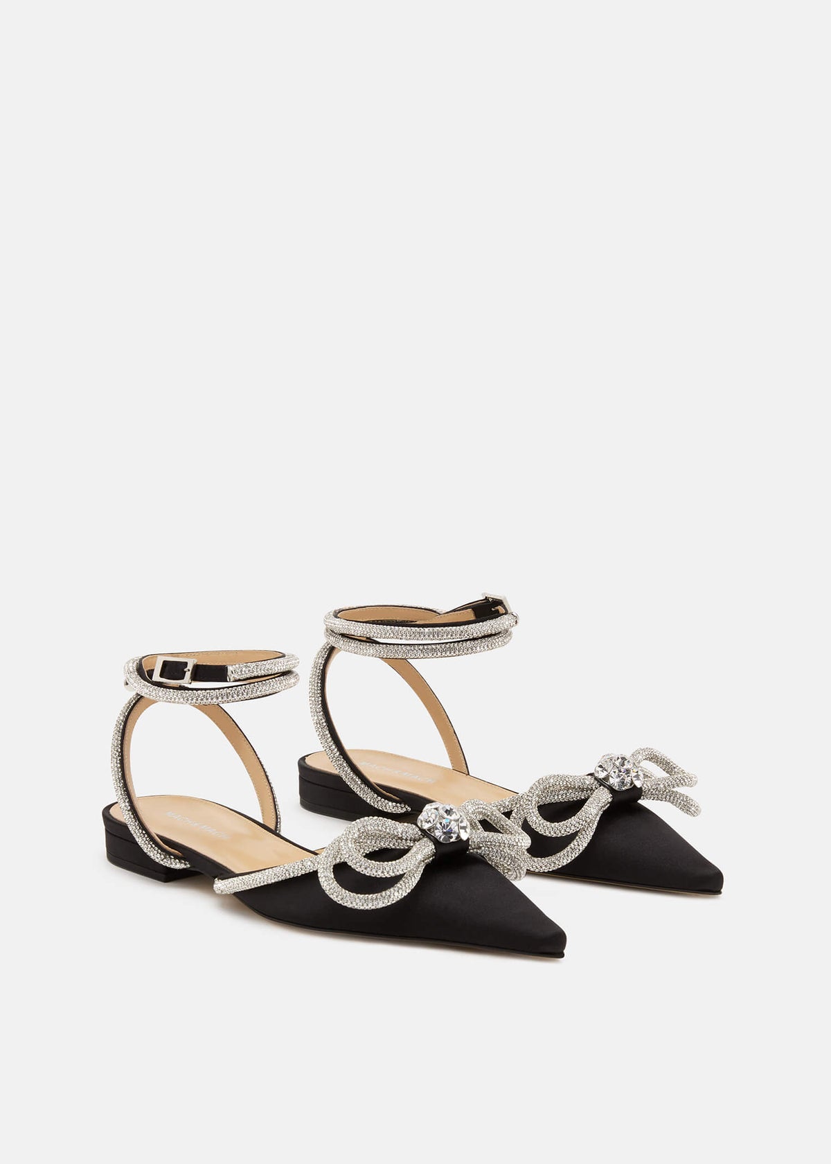 Talia Black Double Bow Flats – side profile showing double bow, crystal, satin, black, Vowalisse