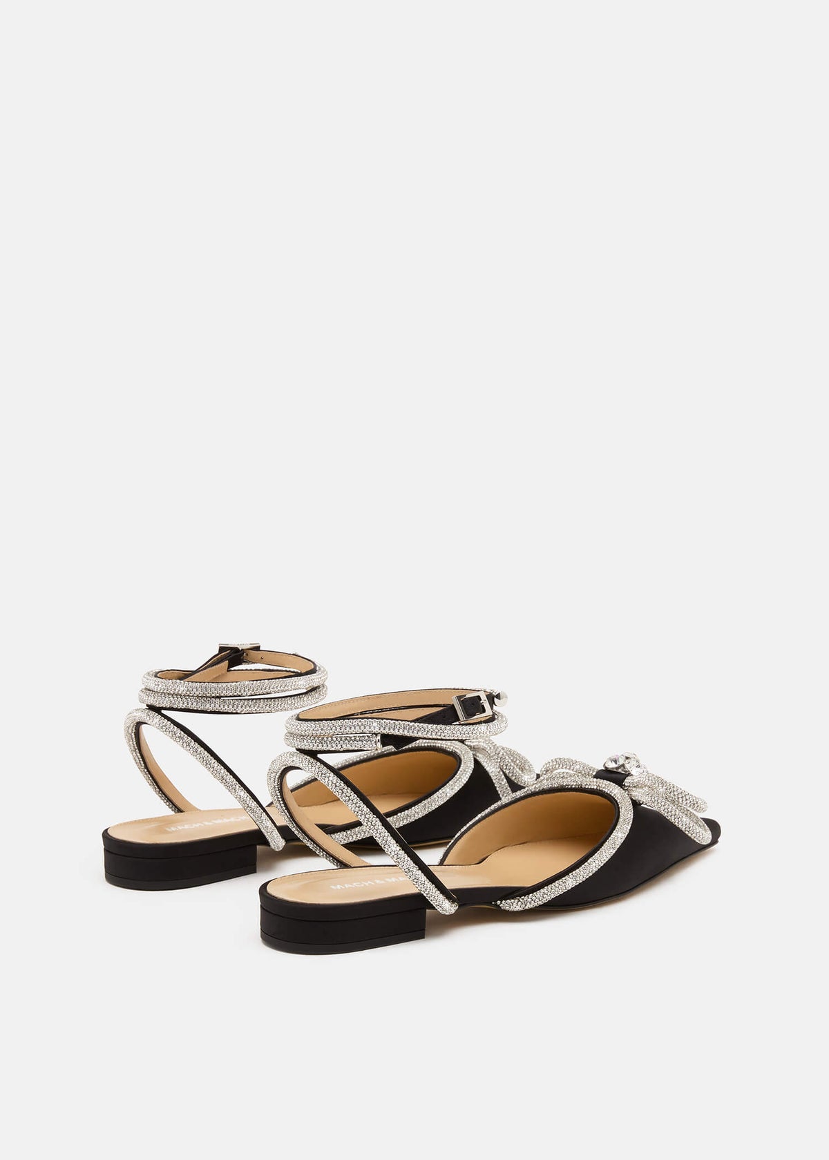 Talia Black Double Bow Flats – heel view showing double bow, crystal, satin, black, Vowalisse