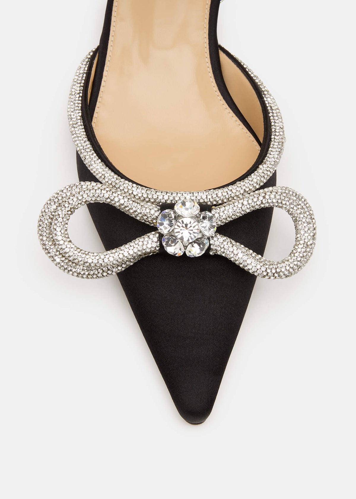 Talia Black Double Bow Flats – rear view showing double bow, crystal, satin, black, Vowalisse