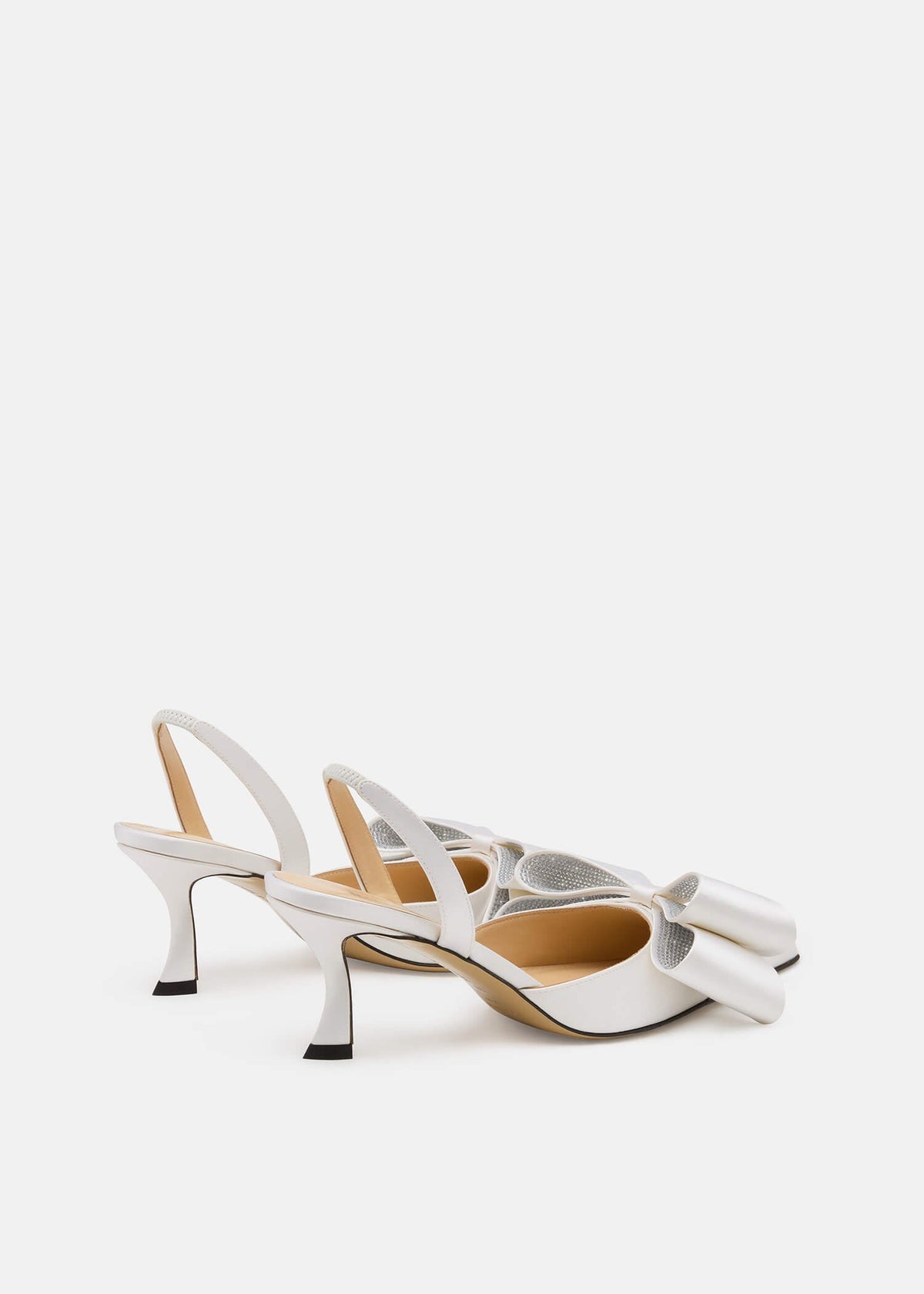Aurora White Crystal Slingbacks – heel view showing crystal, satin, white, Vowalisse