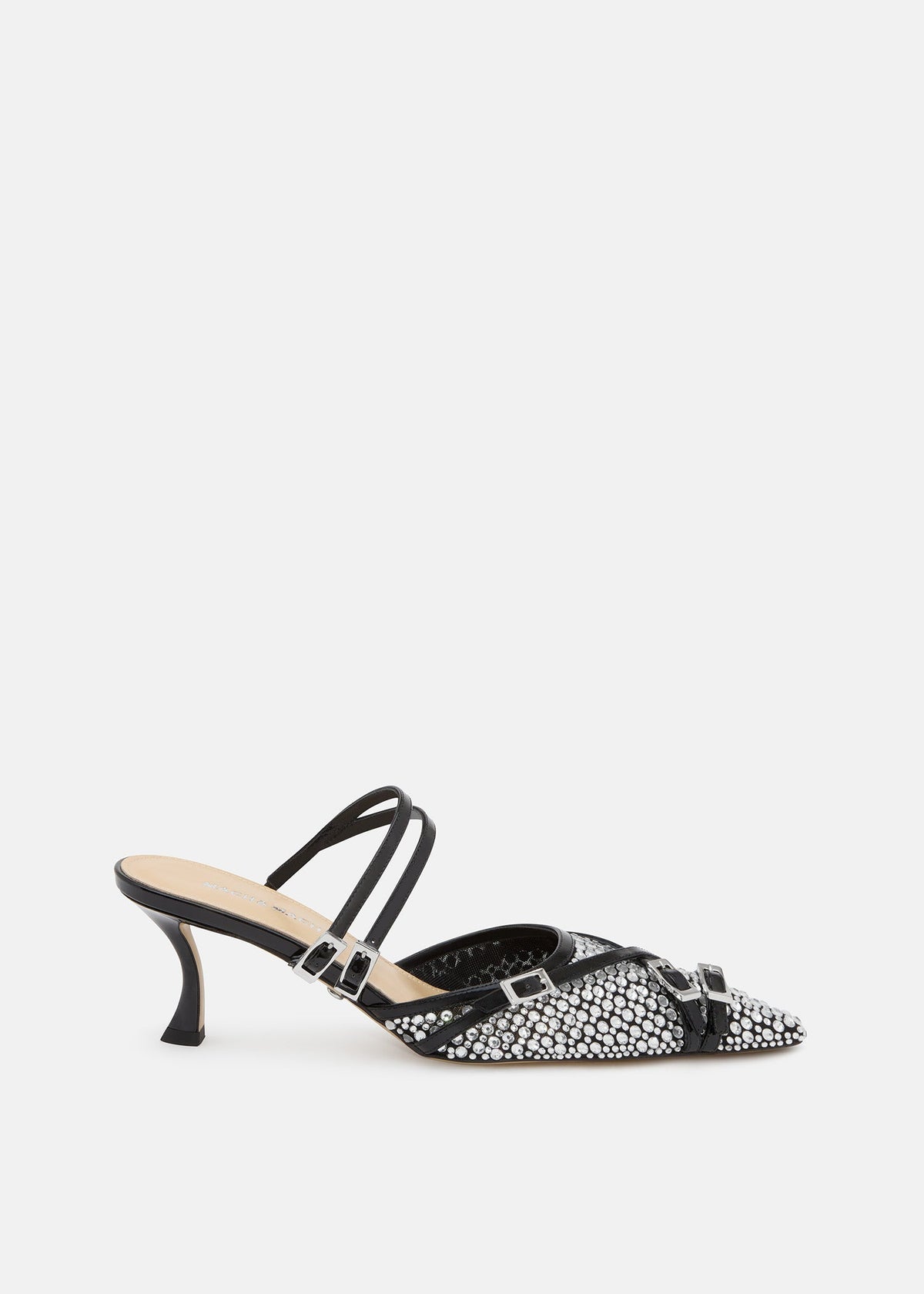 Elodie Black Crystal Net Mules – front three-quarter view showing crystal net, black, Vowalisse