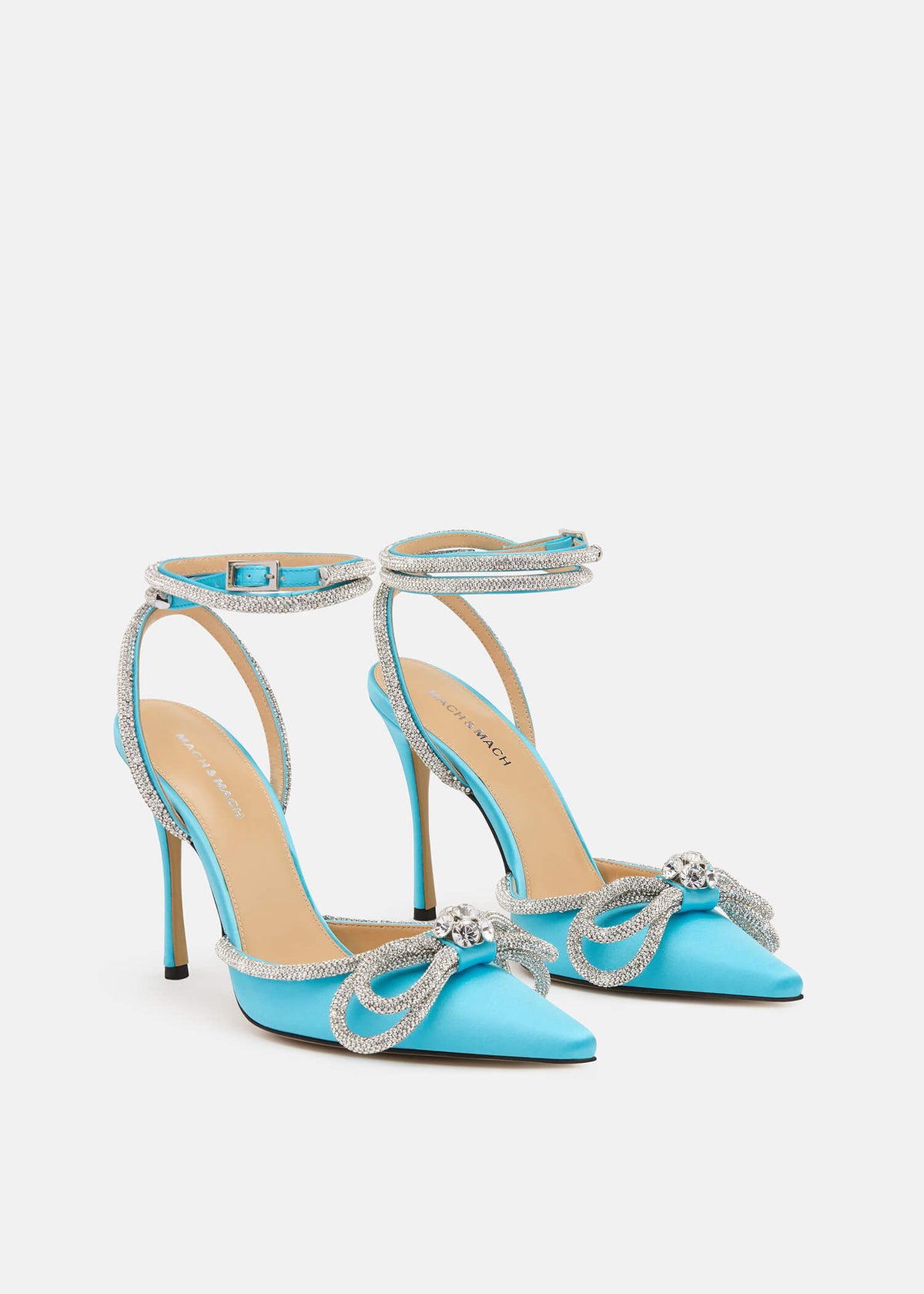 Romina Ocean Blue Double Bow Pumps – side profile showing double bow, crystal, satin, blue, Vowalisse