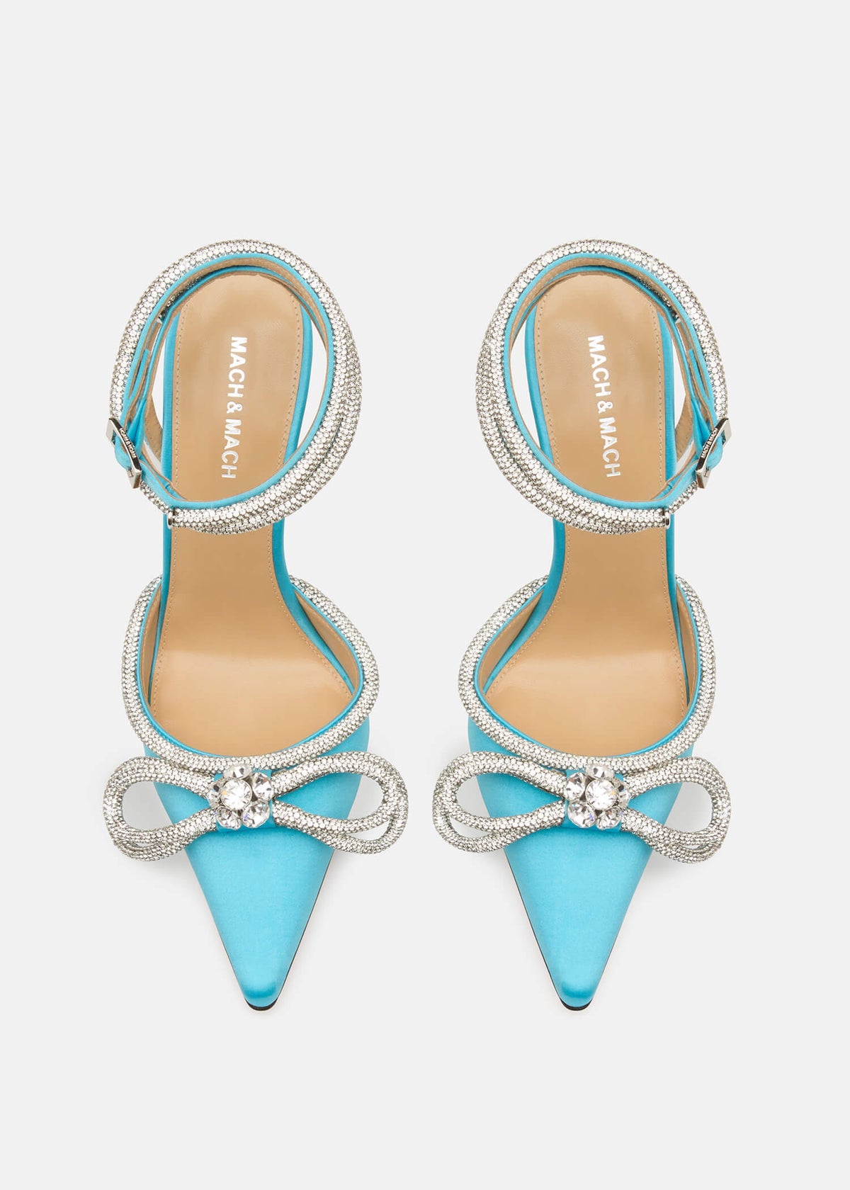 Romina Ocean Blue Double Bow Pumps – crystal detail view showing double bow, crystal, satin, blue, Vowalisse