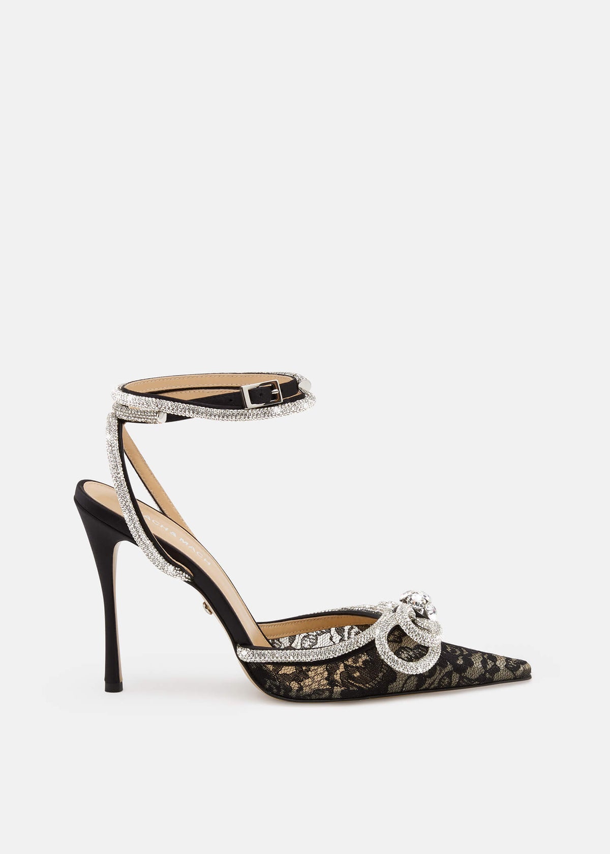 Olympia Black Double Bow Pumps – front three-quarter view showing double bow, crystal, lace, black, Vowalisse