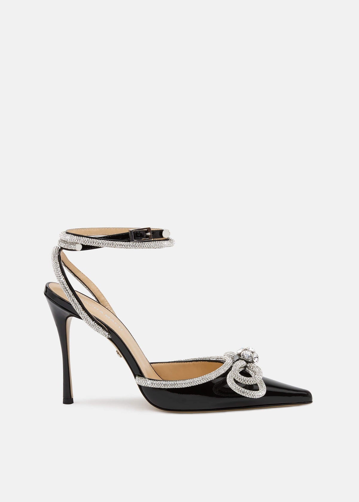 Nadia Black Double Bow Pumps – front three-quarter view showing double bow, crystal, patent leather, black, Vowalisse