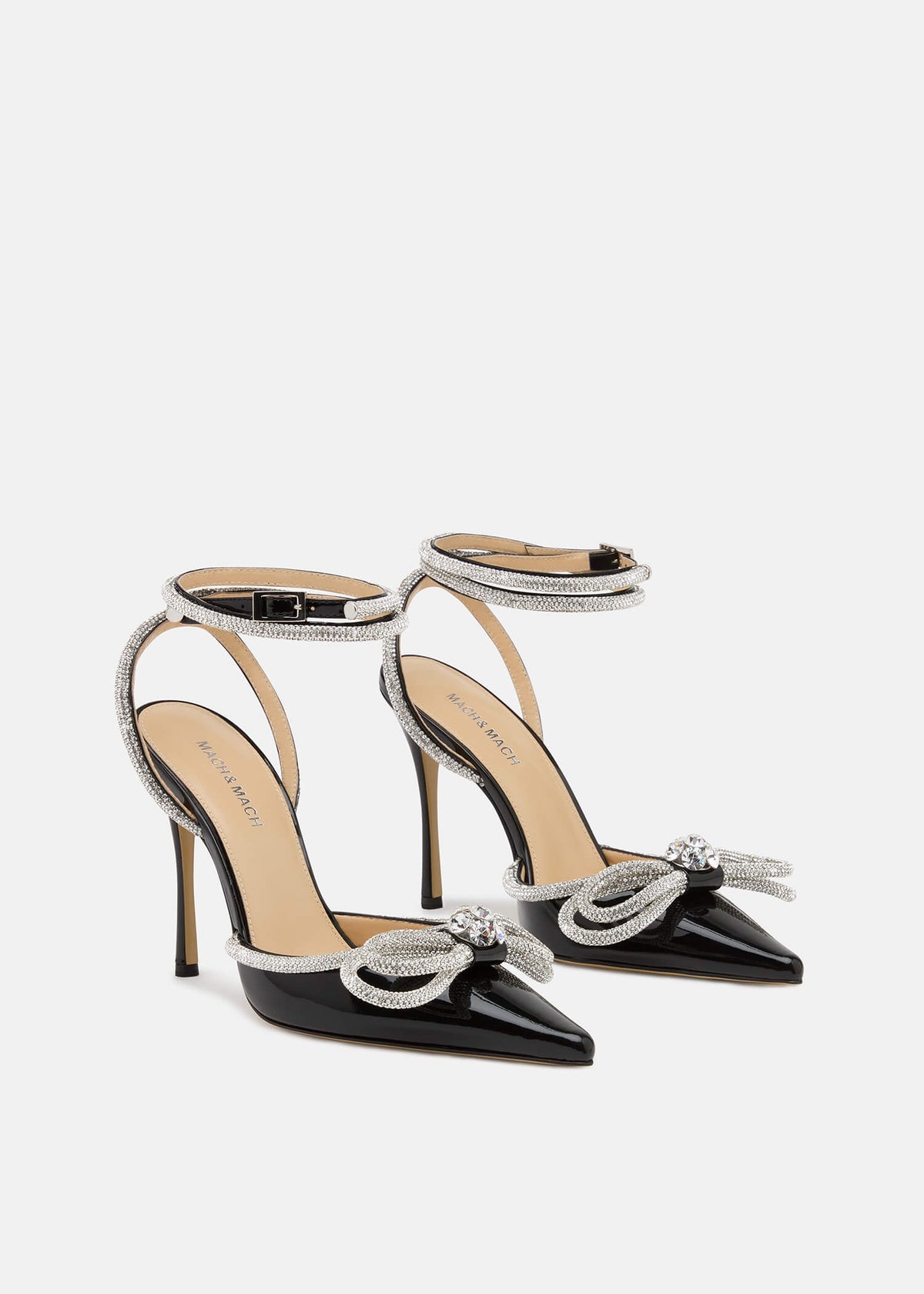 Nadia Black Double Bow Pumps – side profile showing double bow, crystal, patent leather, black, Vowalisse