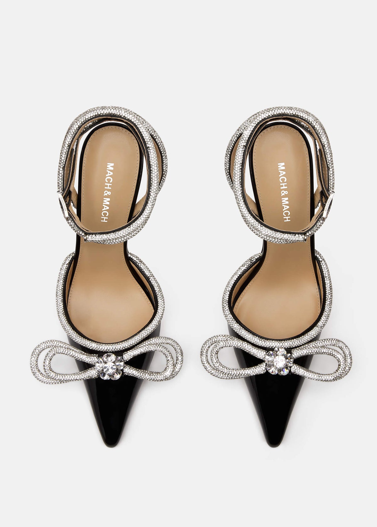 Nadia Black Double Bow Pumps – crystal detail view showing double bow, crystal, patent leather, black, Vowalisse
