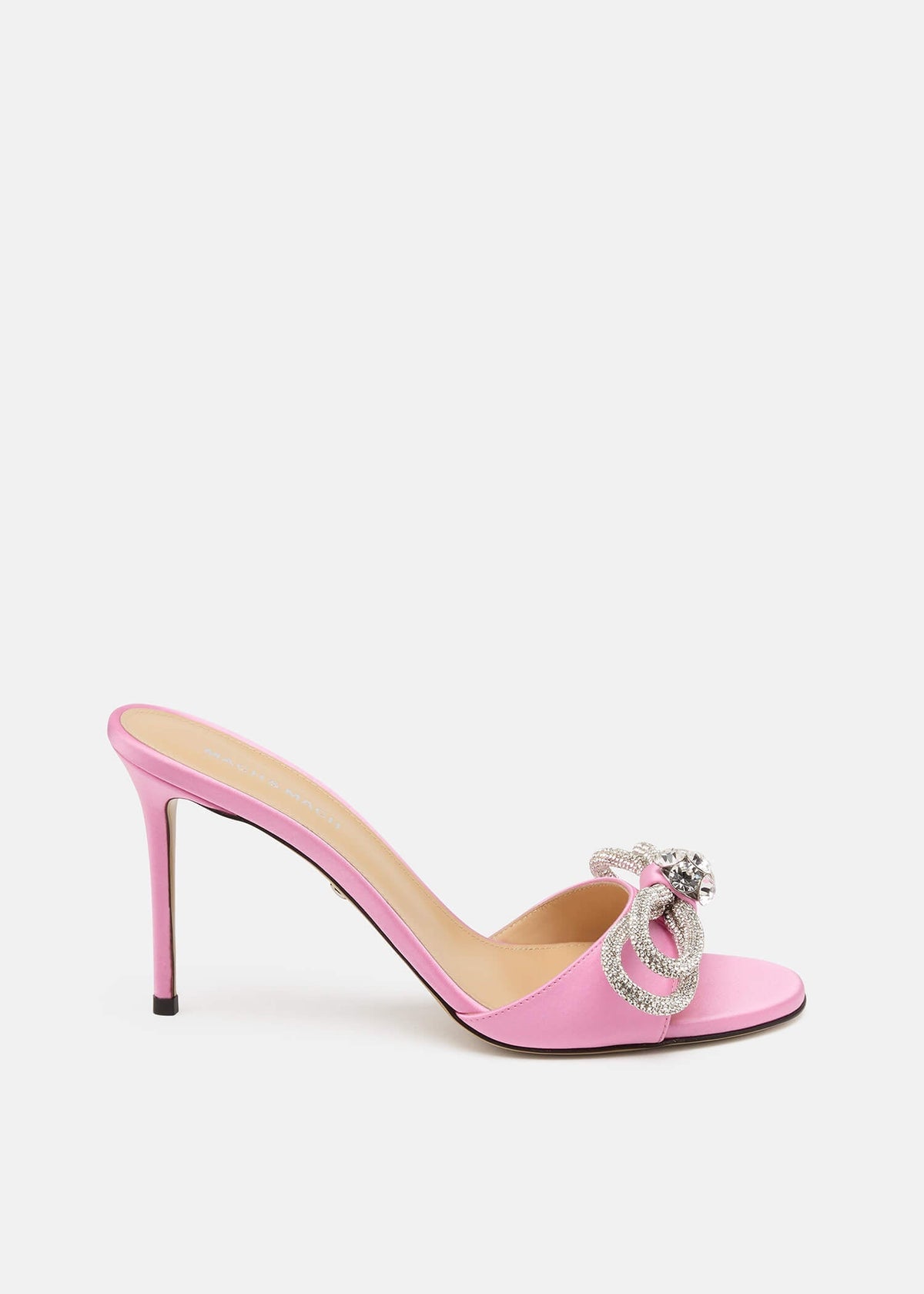 Katerina Pink Double Bow Mules – front three-quarter view showing double bow, crystal, satin, pink, Vowalisse