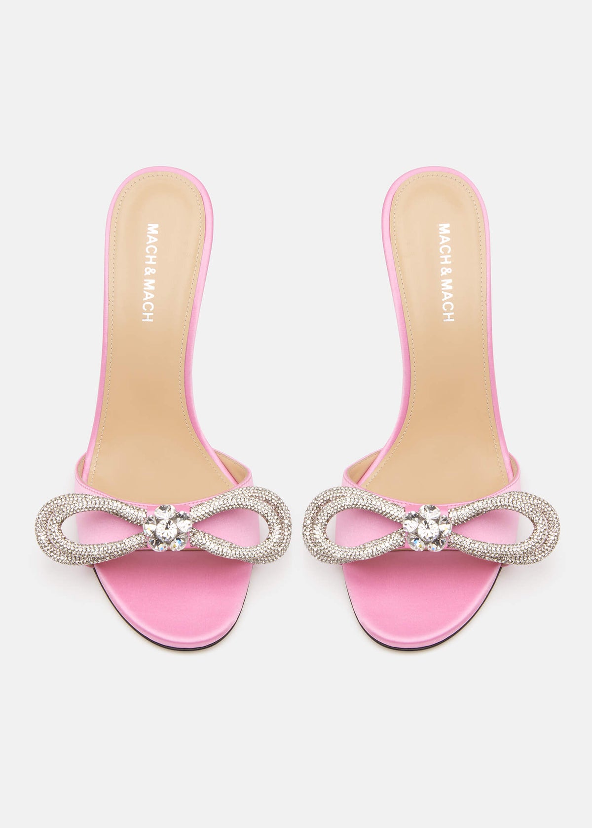 Katerina Pink Double Bow Mules – crystal detail view showing double bow, crystal, satin, pink, Vowalisse