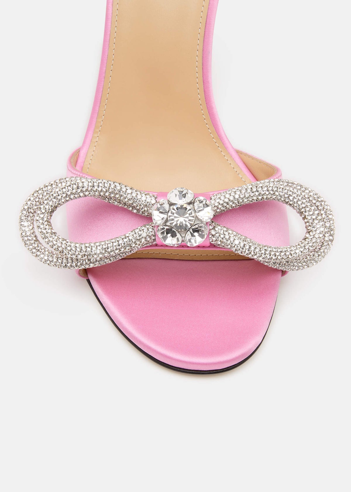 Katerina Pink Double Bow Mules – rear view showing double bow, crystal, satin, pink, Vowalisse