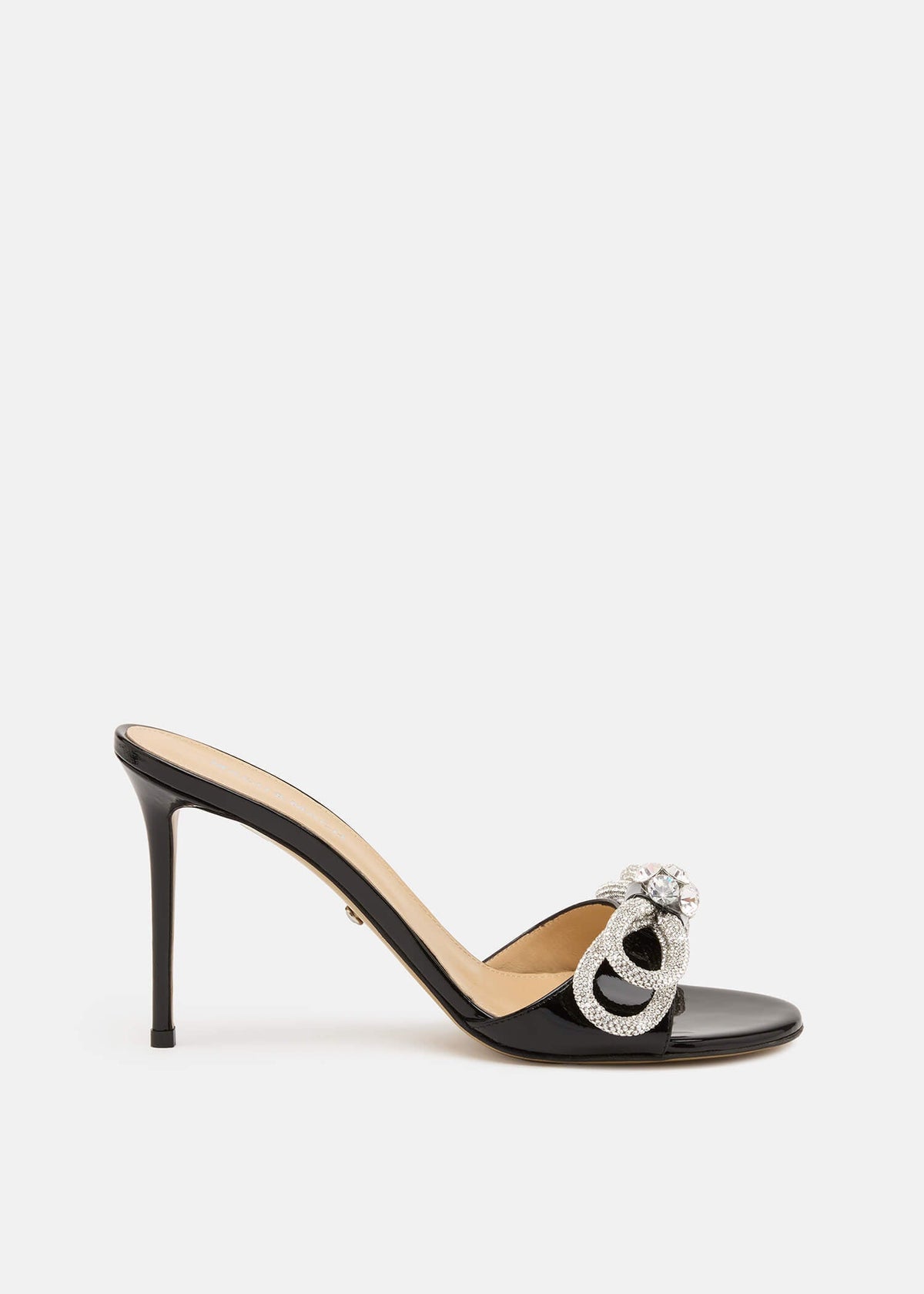 Jasmine Black Double Bow Mules – front three-quarter view showing double bow, crystal, black, Vowalisse