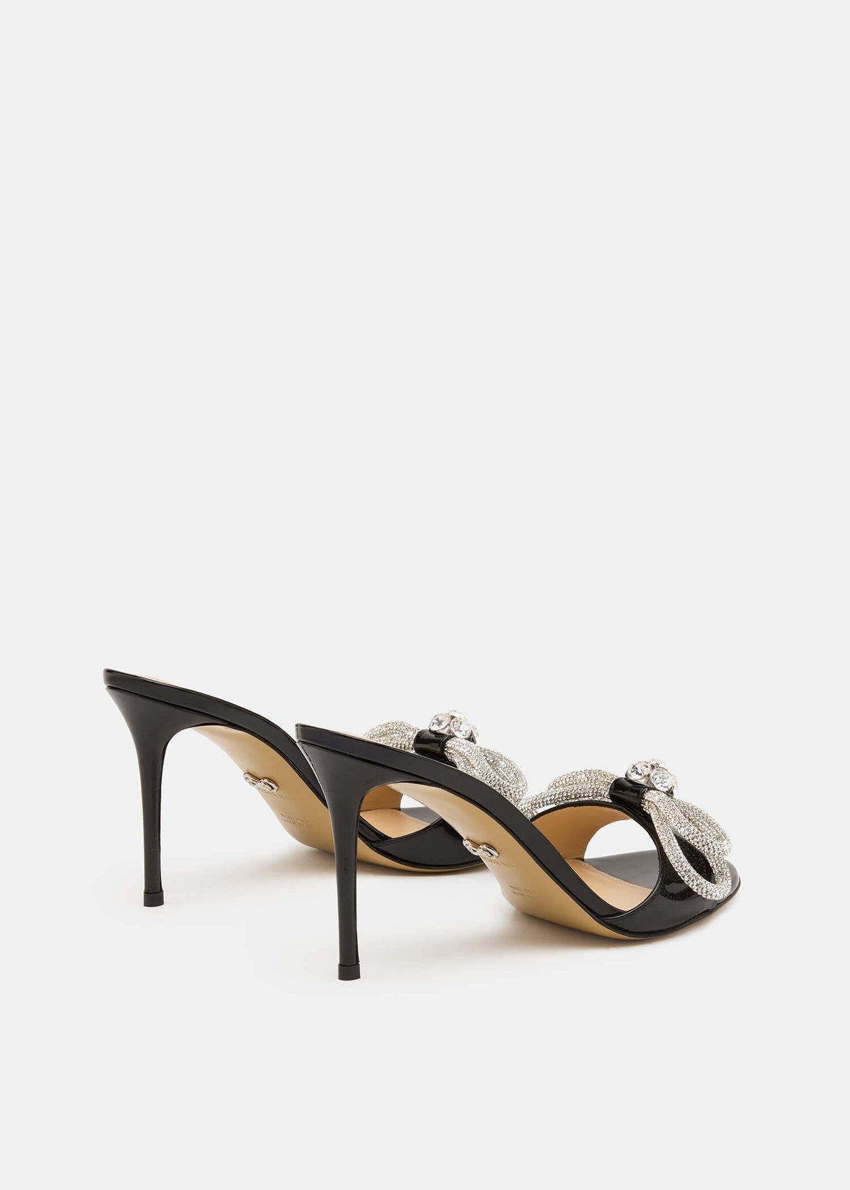Jasmine Black Double Bow Mules – heel view showing double bow, crystal, black, Vowalisse