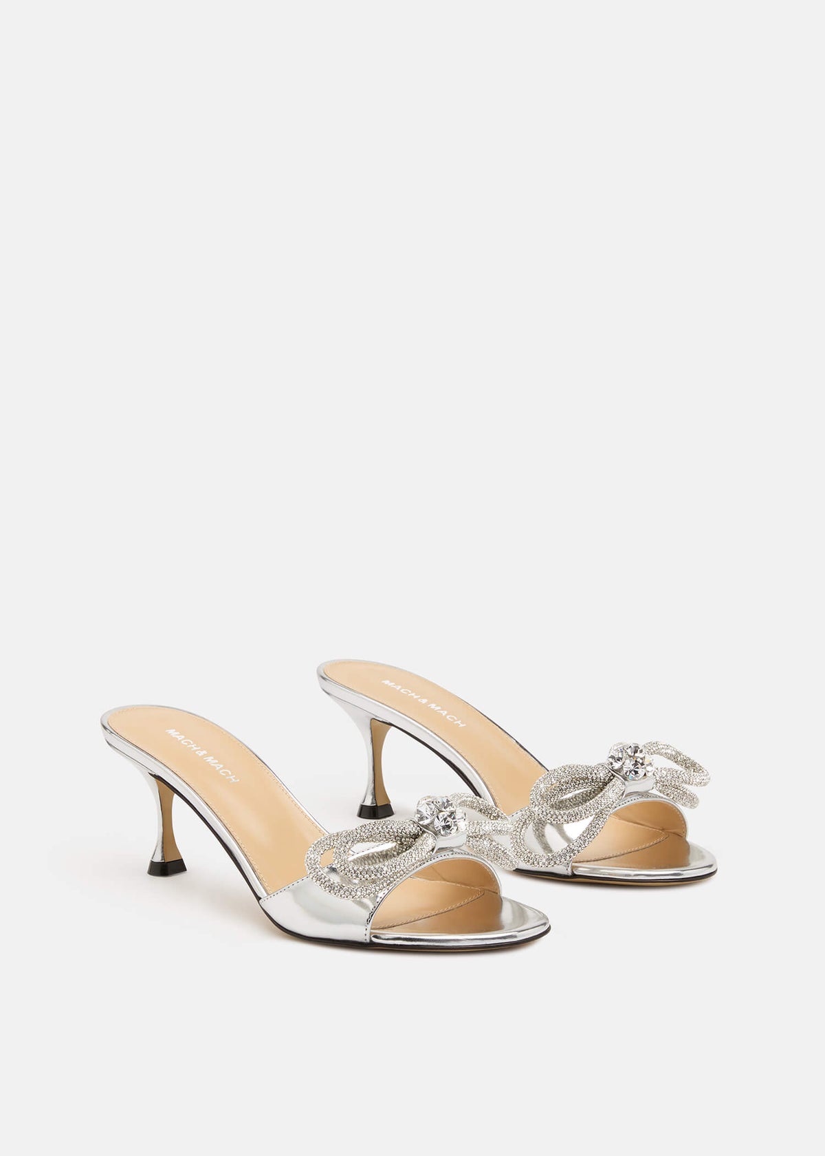 Iris Silver Double Bow Mules – side profile showing double bow, crystal, metallic, silver, Vowalisse