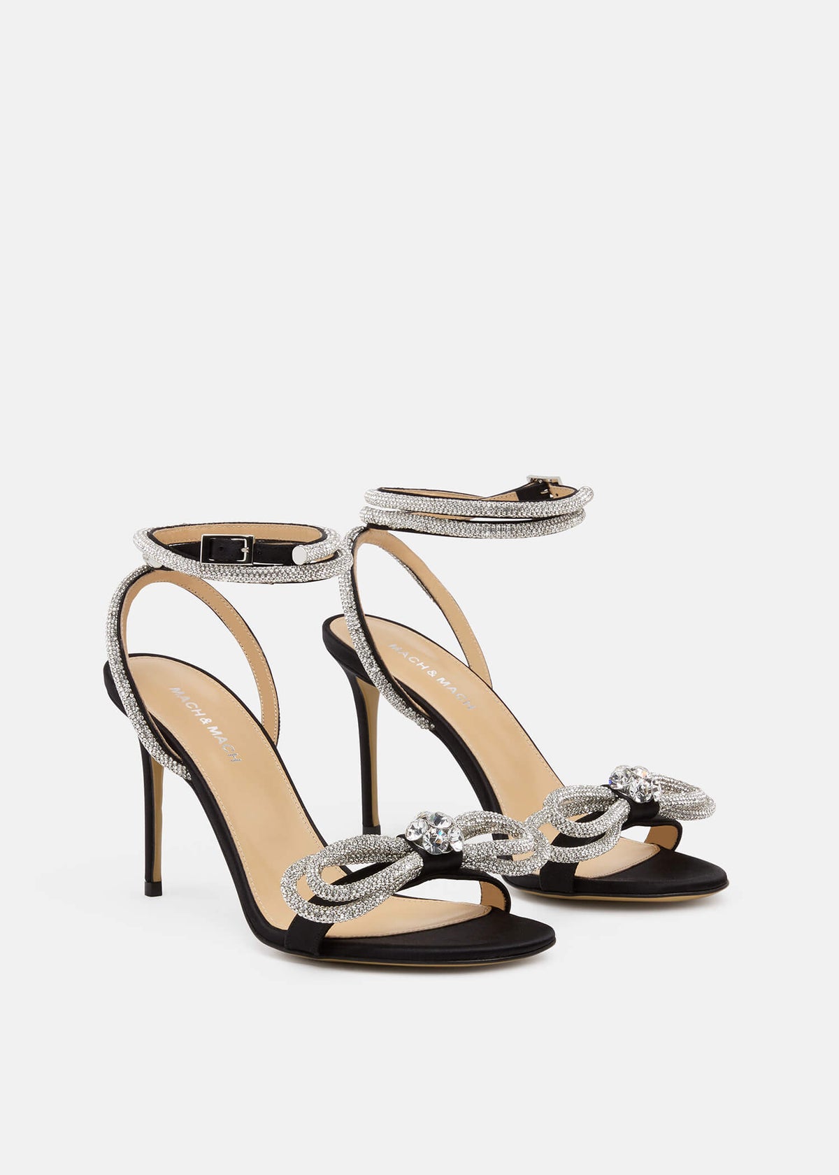 Harmony Black Double Bow Sandals – side profile showing double bow, crystal, satin, black, Vowalisse