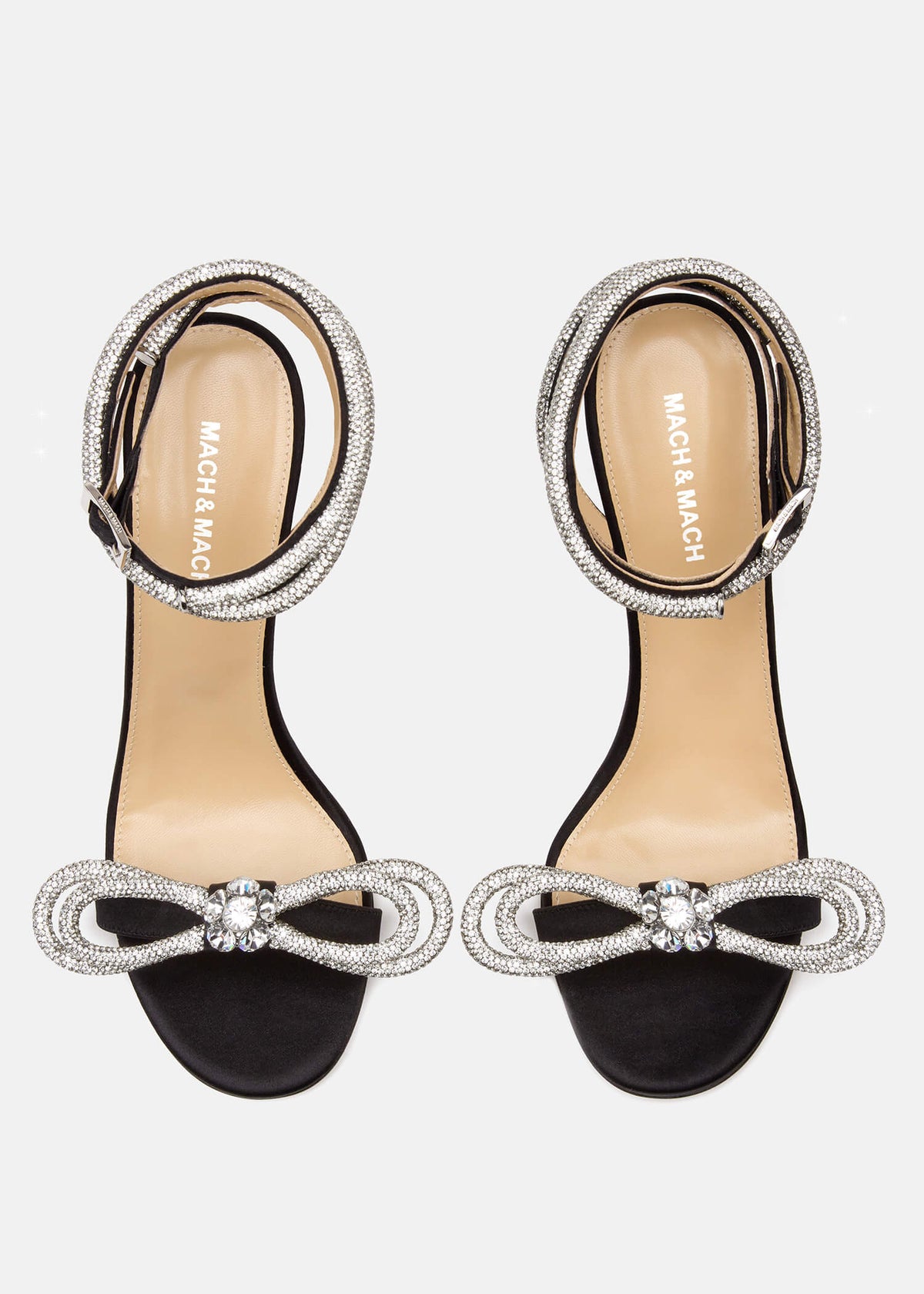 Harmony Black Double Bow Sandals – crystal detail view showing double bow, crystal, satin, black, Vowalisse