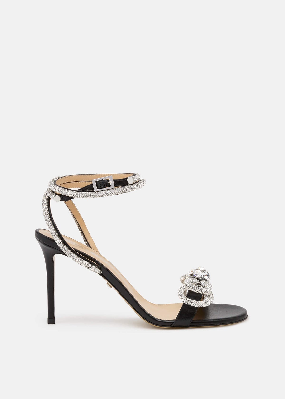 Felicity Black Double Bow Sandals – front three-quarter view showing double bow, crystal, black, Vowalisse