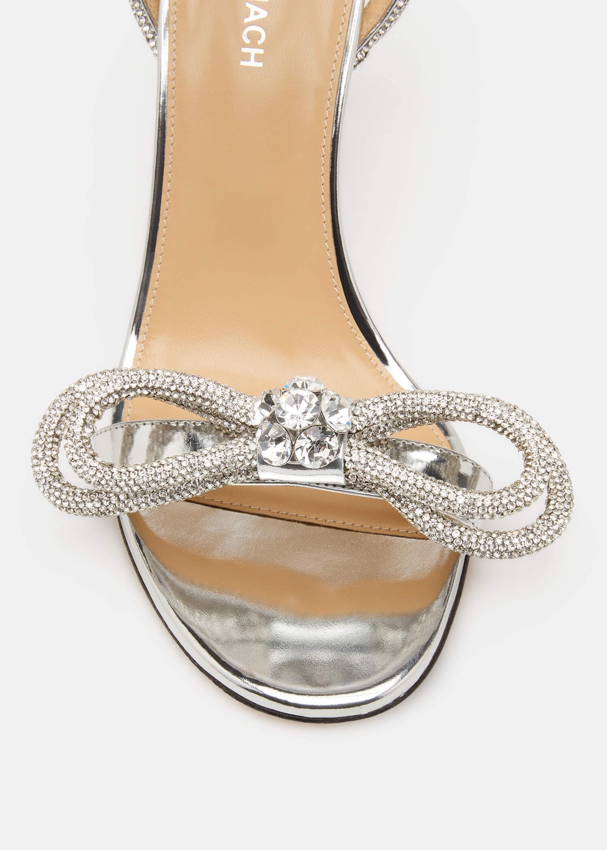 Violetta Silver Double Bow Sandals – rear view showing double bow, crystal, metallic, silver, Vowalisse