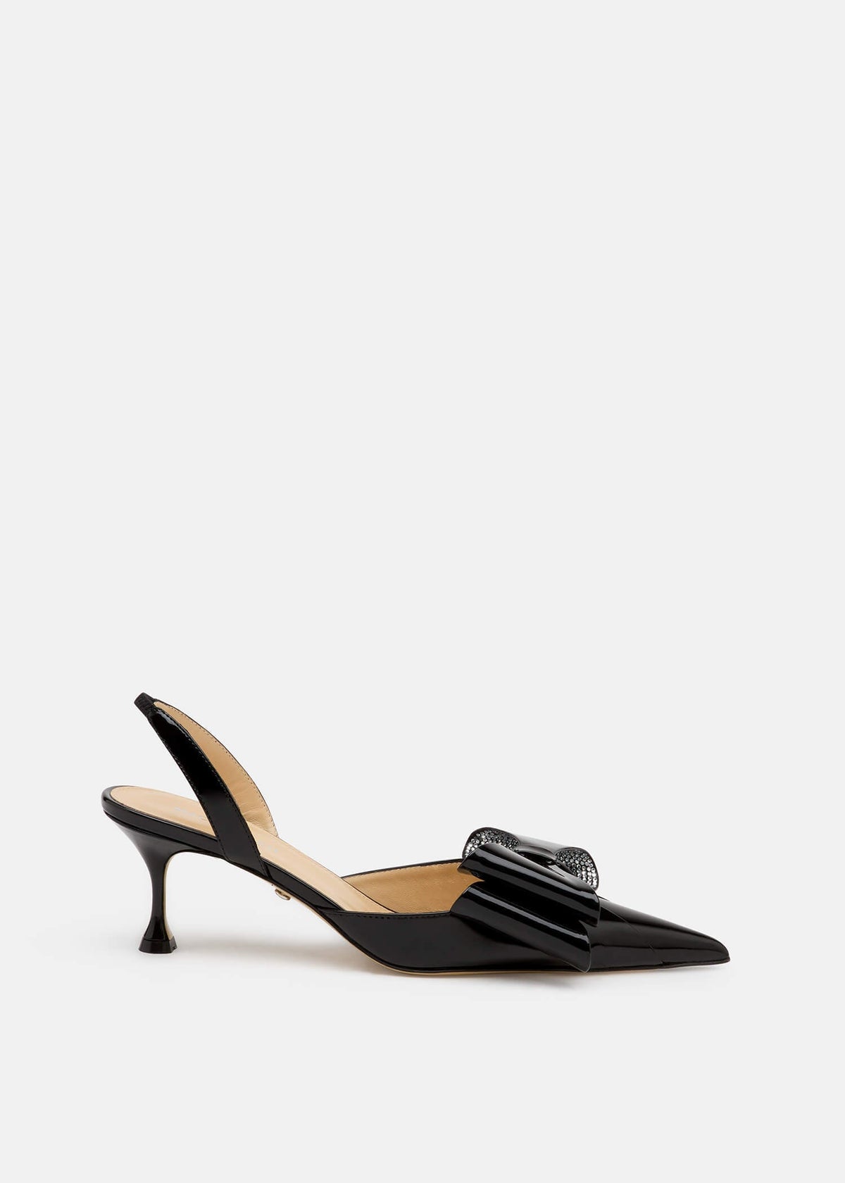 Zinnia Black Crystal Slingbacks – front three-quarter view showing crystal, patent leather, black, Vowalisse