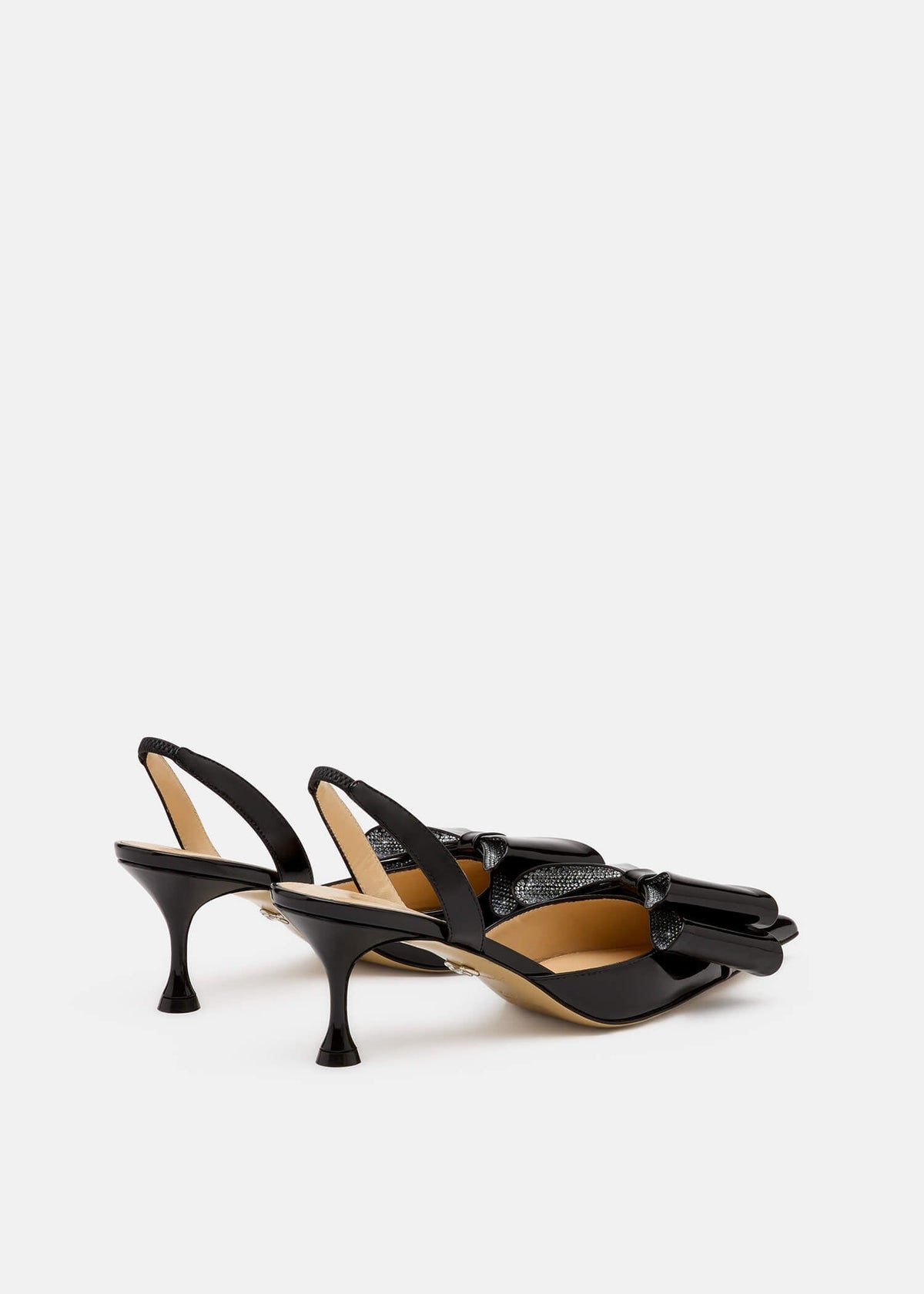 Zinnia Black Crystal Slingbacks – heel view showing crystal, patent leather, black, Vowalisse
