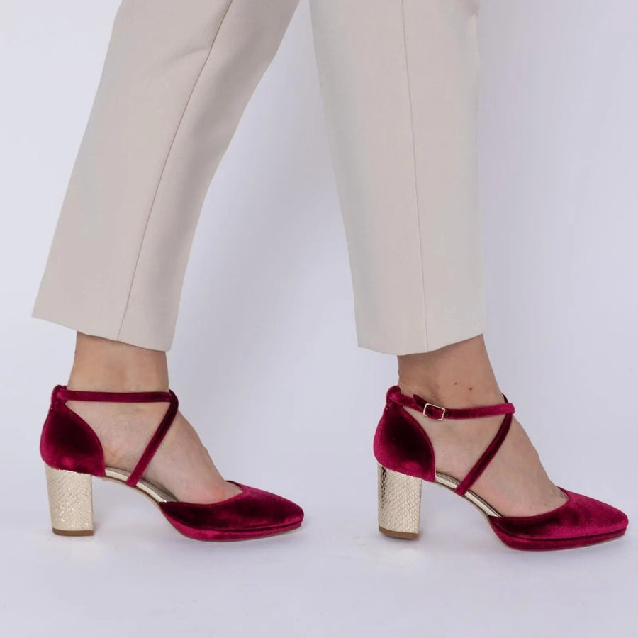 Beige Velvet Block Heel Bridal Heels | VOWALISSE