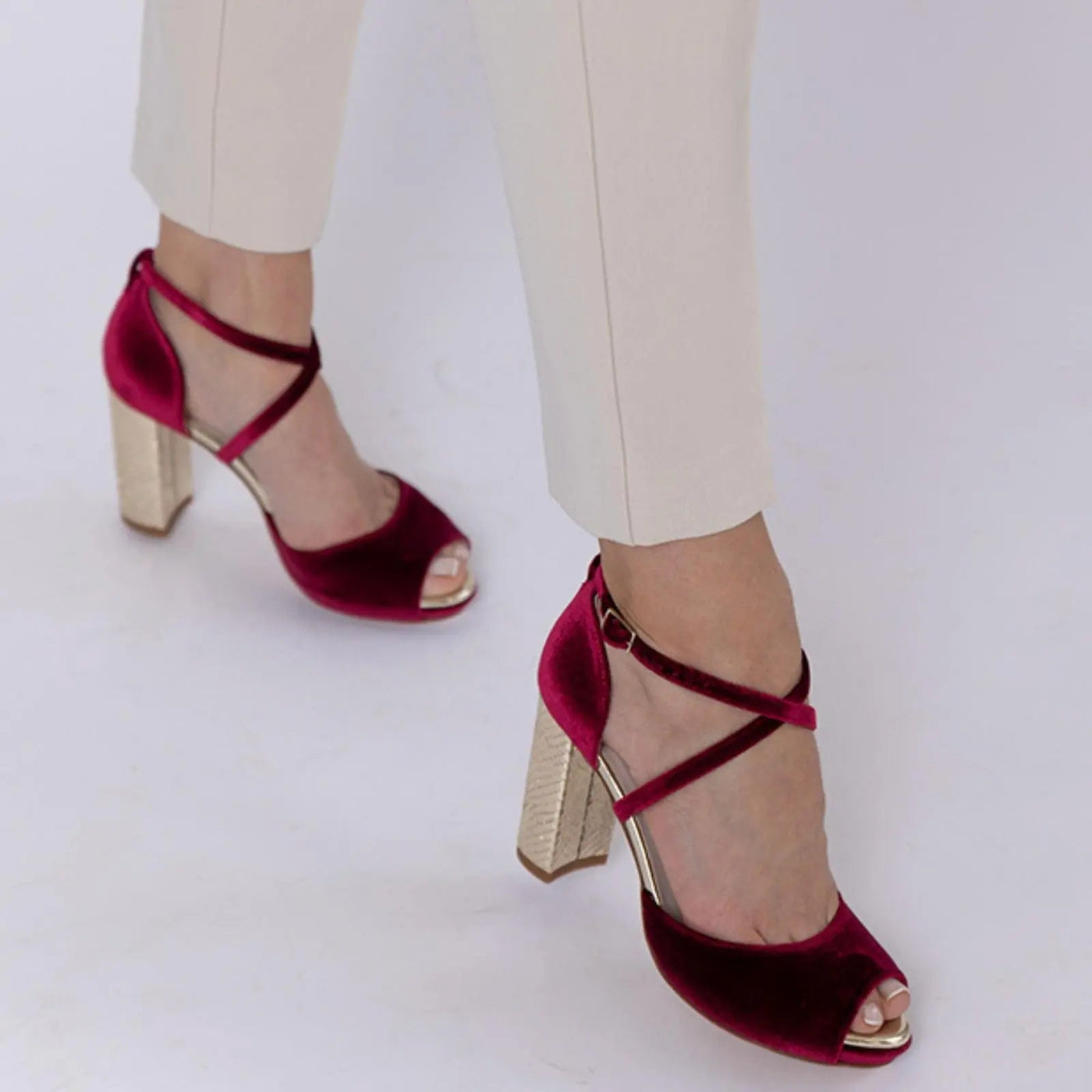 Beige Velvet Block Heel Bridal Heels VOWALISSE bridal shoes – view 3