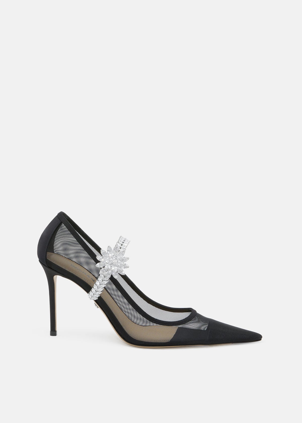 Noelle Black Lotus Flower Pumps – front three-quarter view showing lotus flower, crystal, mesh, black, Vowalisse