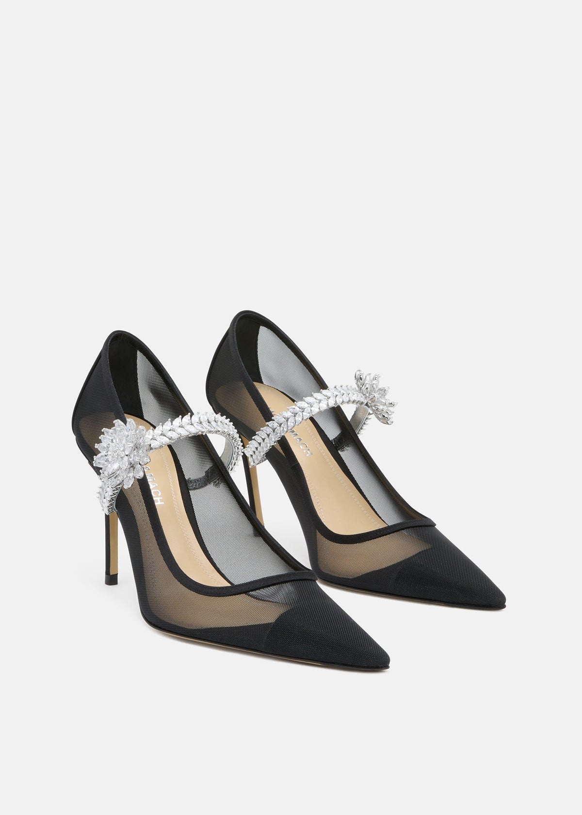 Noelle Black Lotus Flower Pumps – side profile showing lotus flower, crystal, mesh, black, Vowalisse
