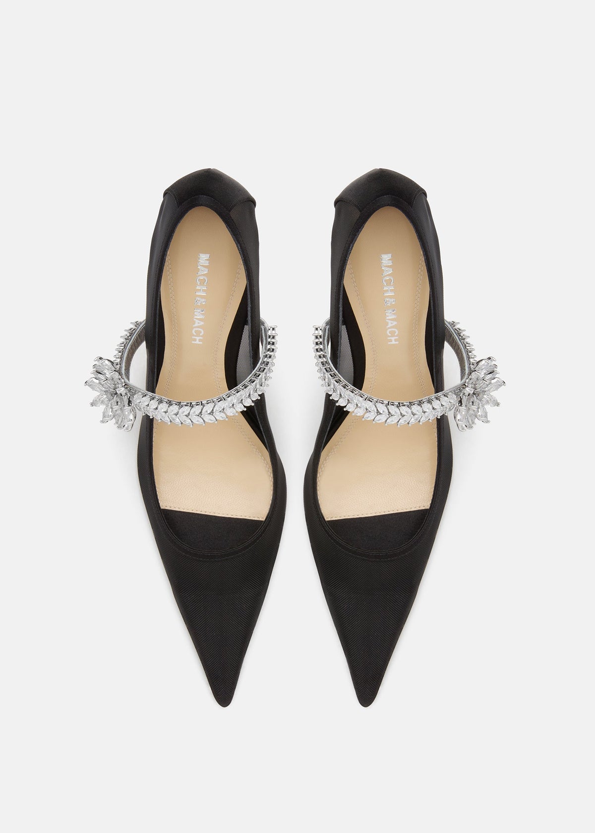 Noelle Black Lotus Flower Pumps – crystal detail view showing lotus flower, crystal, mesh, black, Vowalisse