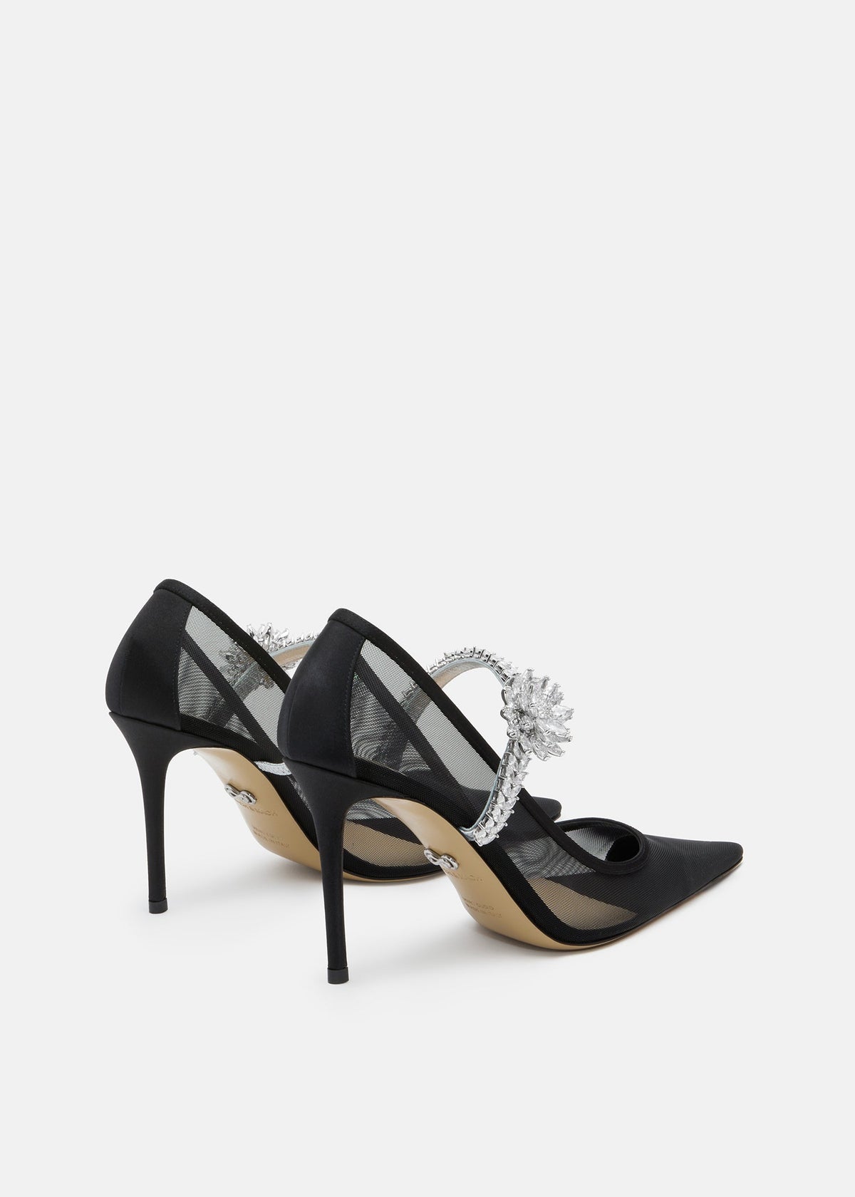 Noelle Black Lotus Flower Pumps – heel view showing lotus flower, crystal, mesh, black, Vowalisse