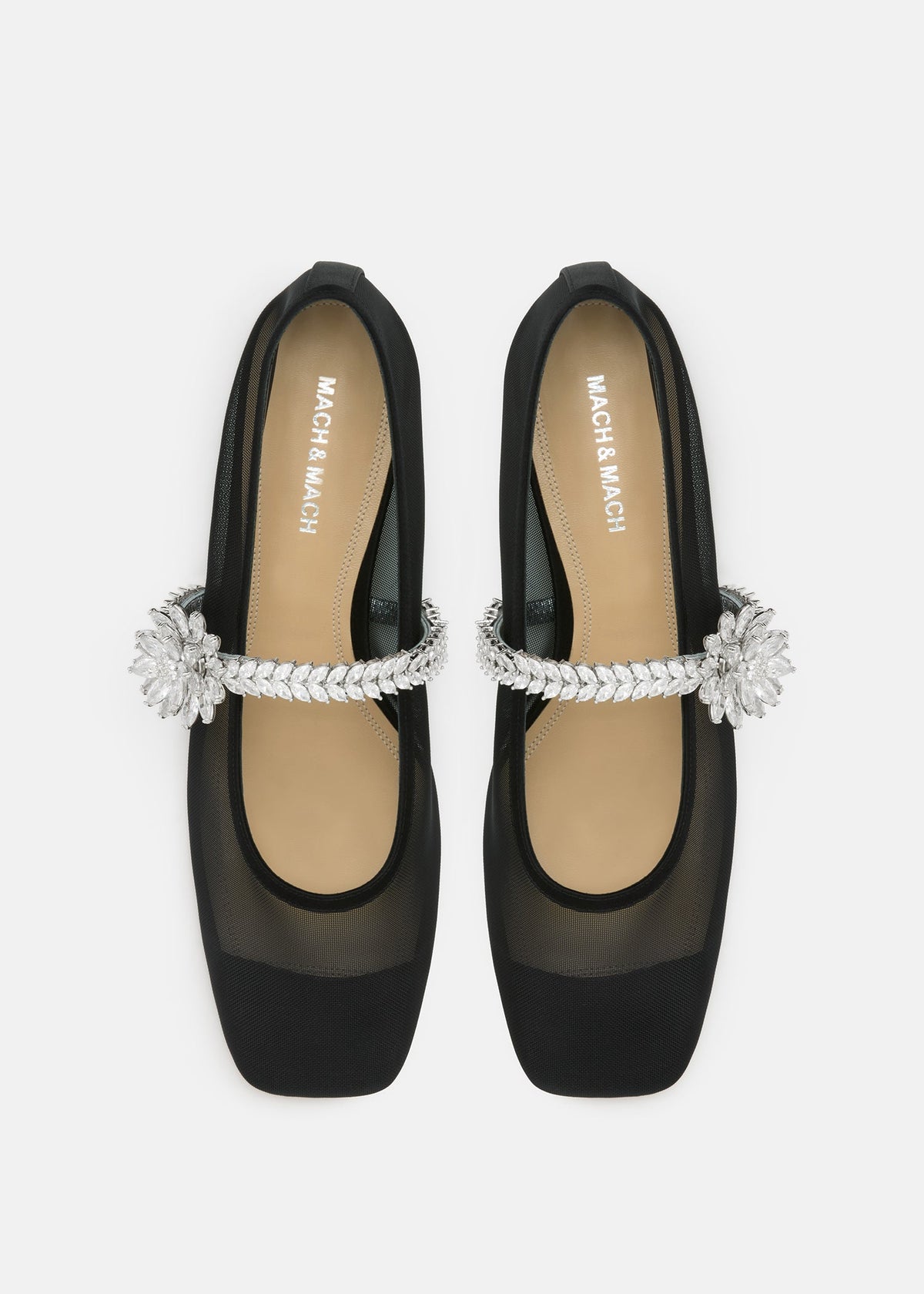 Estelle Black Lotus Flower Flats – crystal detail view showing lotus flower, crystal, mesh, black, Vowalisse