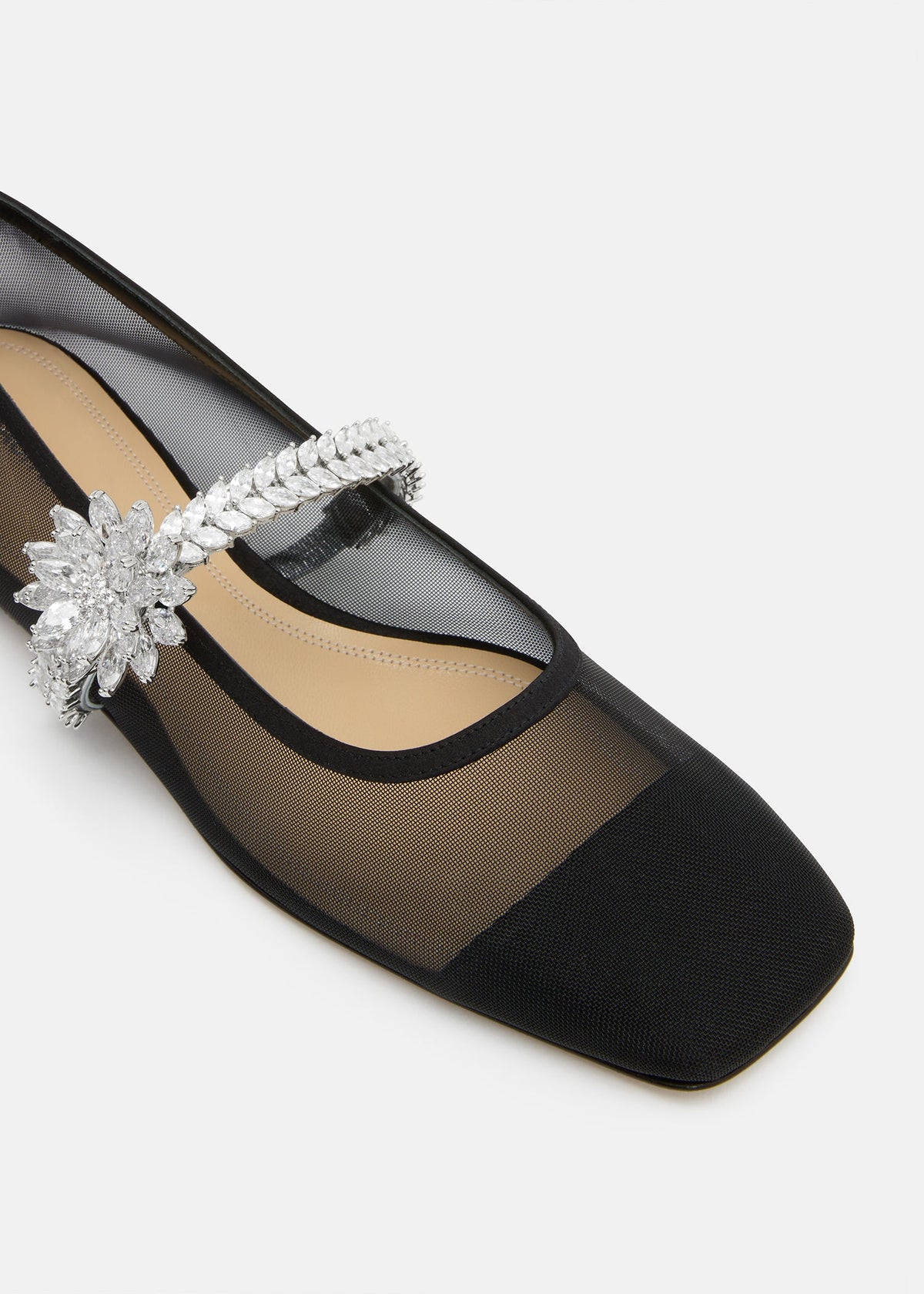 Estelle Black Lotus Flower Flats – rear view showing lotus flower, crystal, mesh, black, Vowalisse