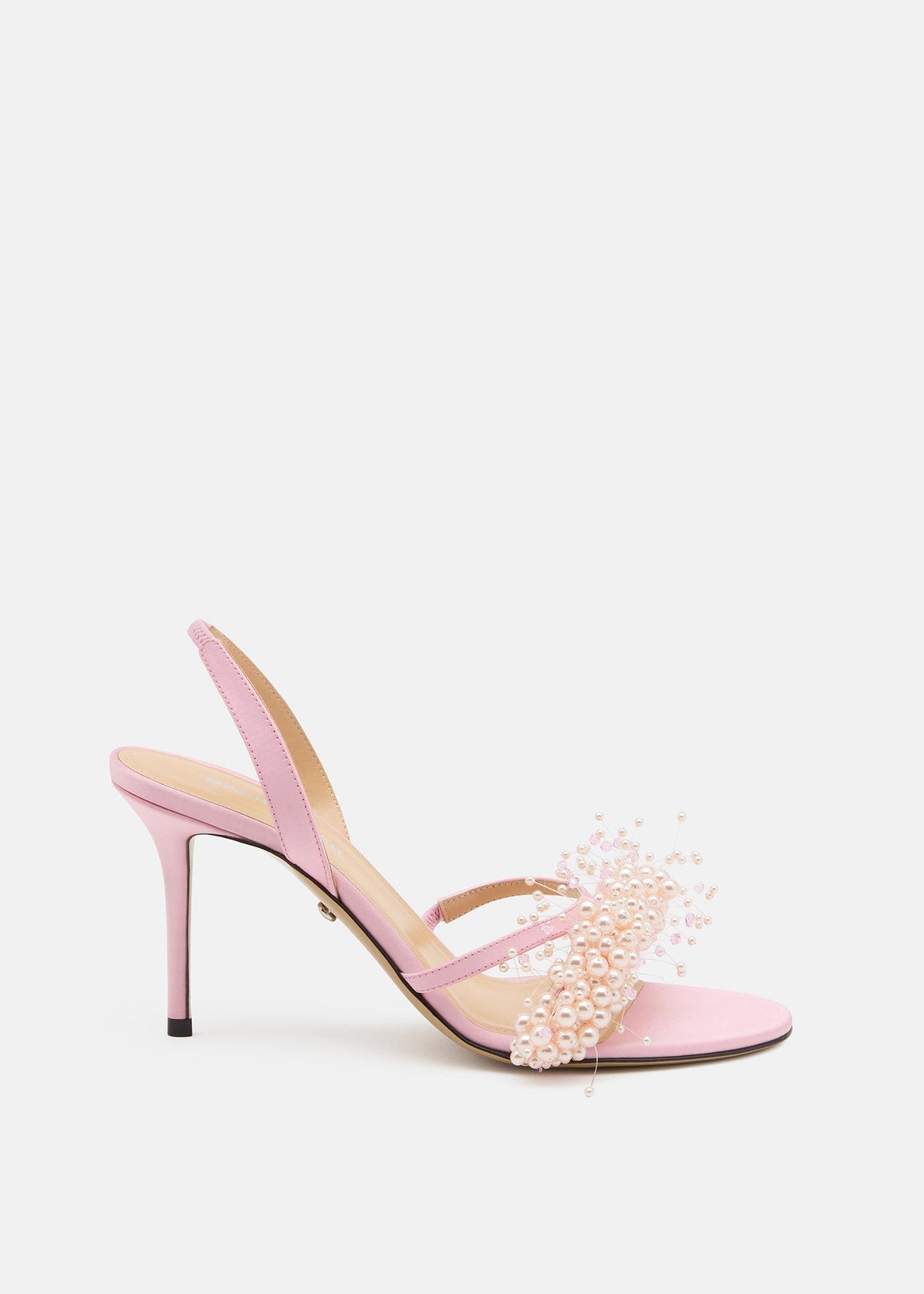 Valeria Pink Floating Pearl Sandals – front three-quarter view showing floating pearl, satin, pink, Vowalisse