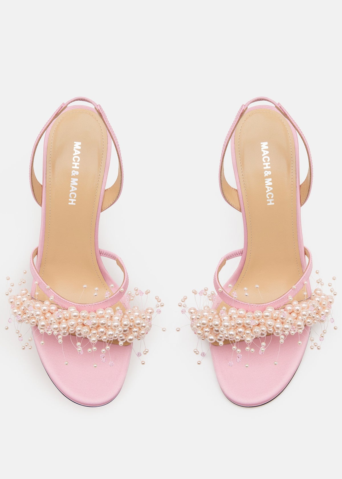 Valeria Pink Floating Pearl Sandals – crystal detail view showing floating pearl, satin, pink, Vowalisse