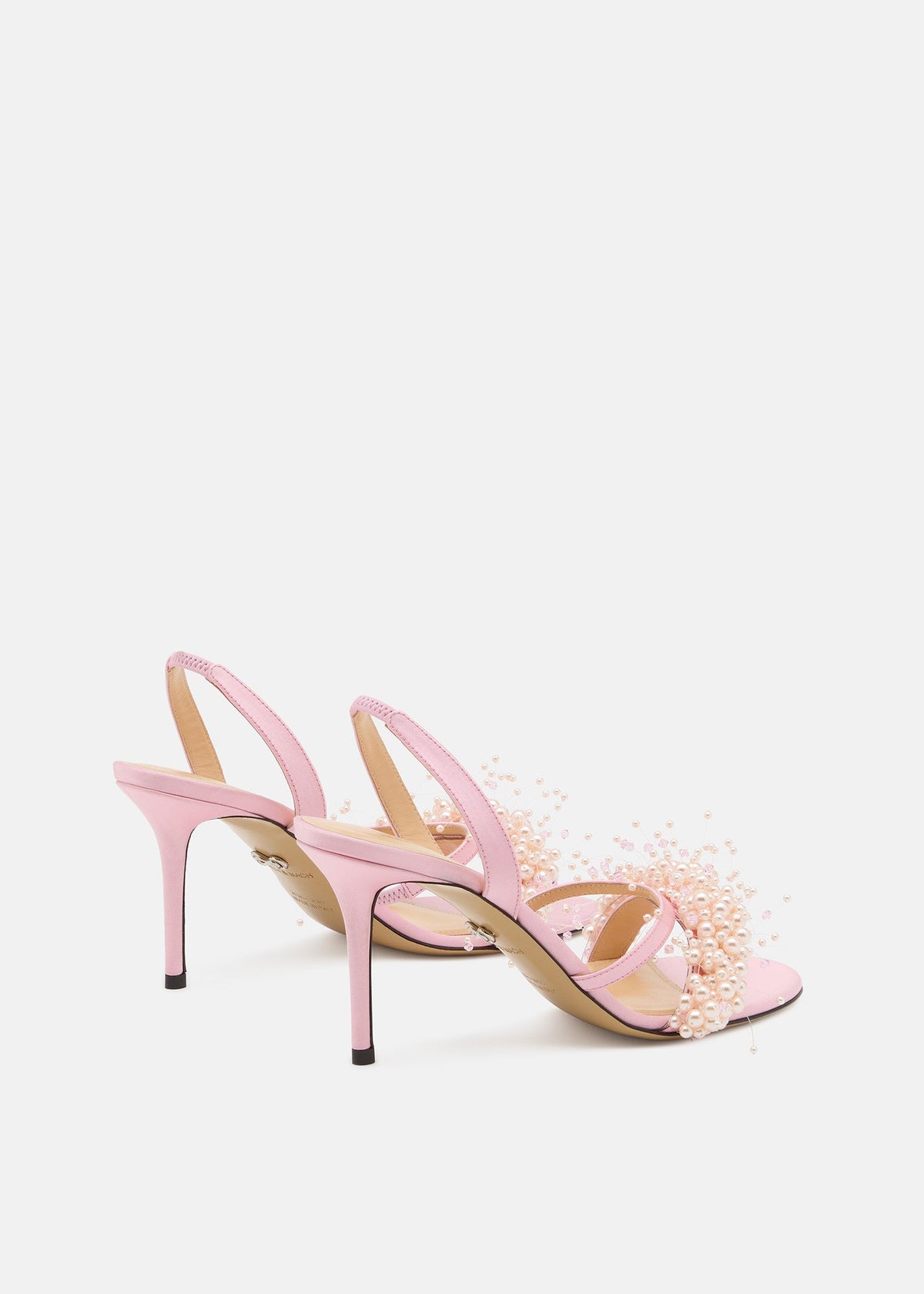 Valeria Pink Floating Pearl Sandals – heel view showing floating pearl, satin, pink, Vowalisse