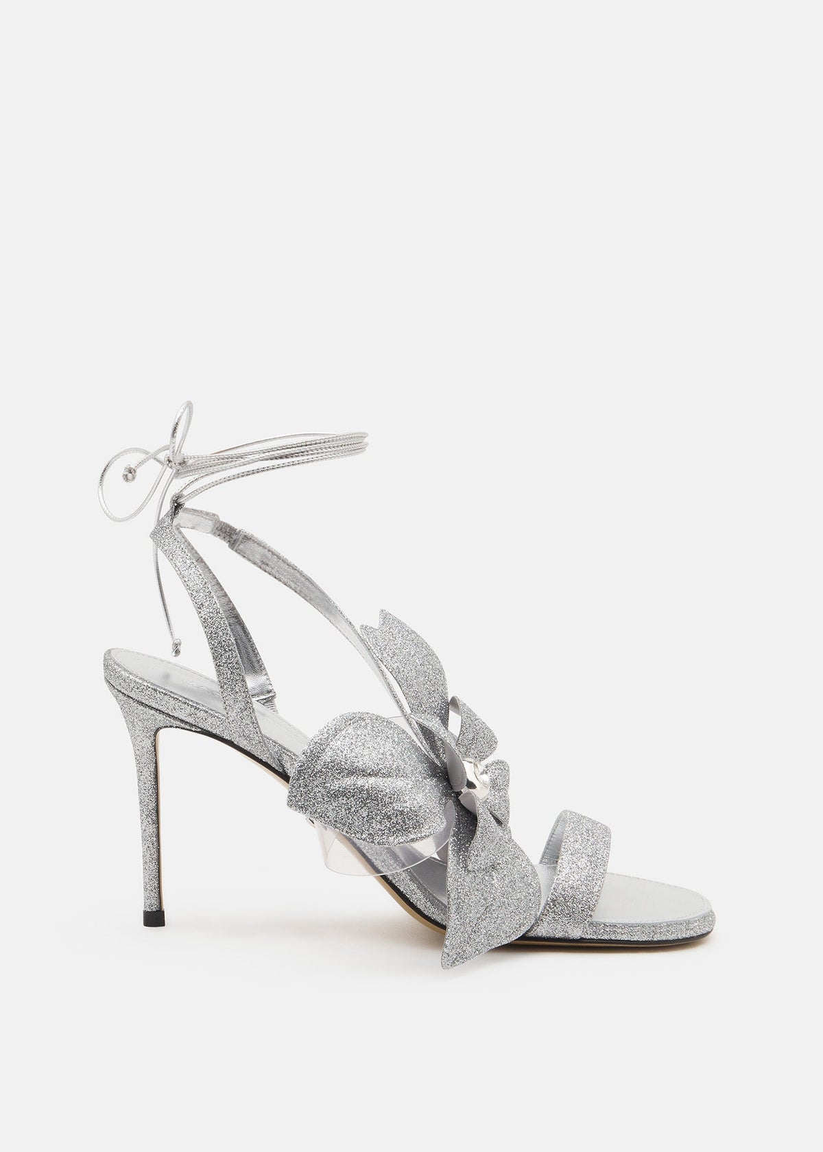Ophelia Silver Double Bow Sandals – front three-quarter view showing double bow, glitter, silver, Vowalisse