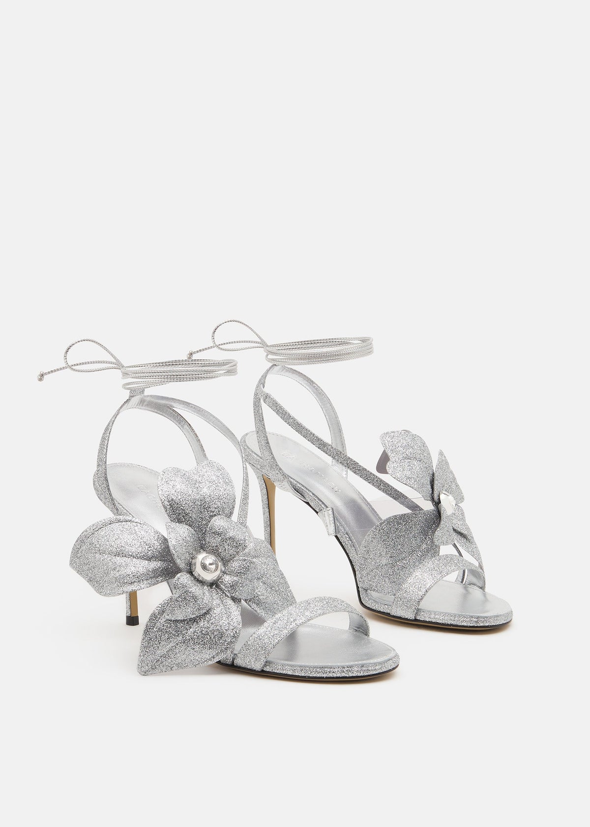 Ophelia Silver Double Bow Sandals – side profile showing double bow, glitter, silver, Vowalisse