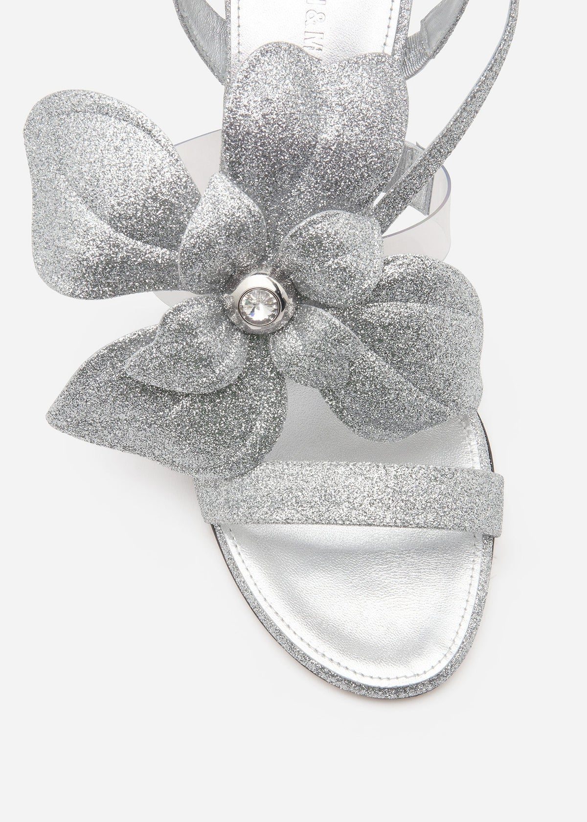 Ophelia Silver Double Bow Sandals – rear view showing double bow, glitter, silver, Vowalisse