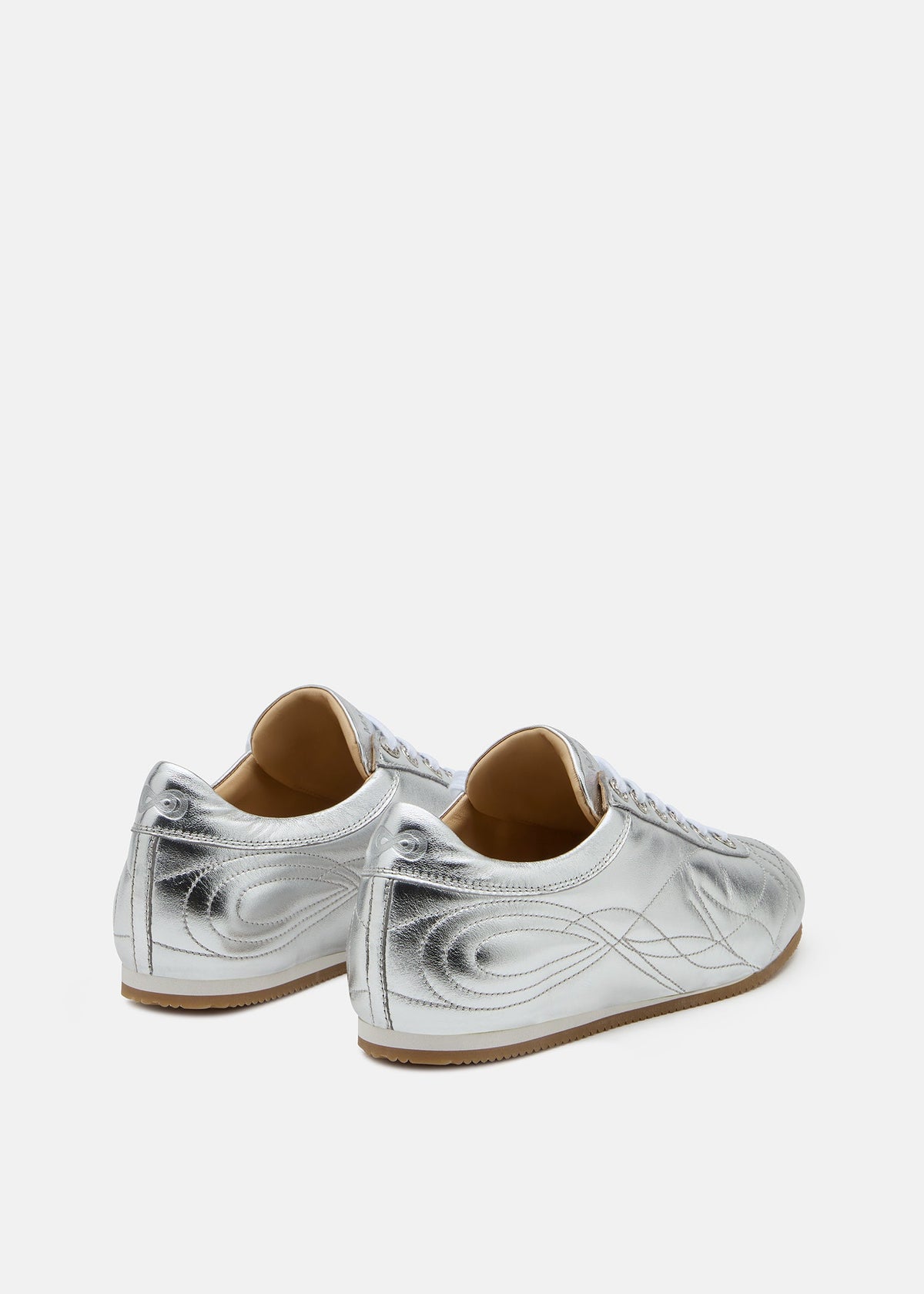 Leonora Silver Silver Flats – heel view showing silver, red, Vowalisse