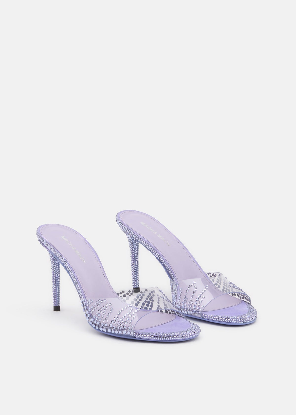 Valentina Lavender Crystal Flame Mules – side profile showing crystal flame, Vowalisse