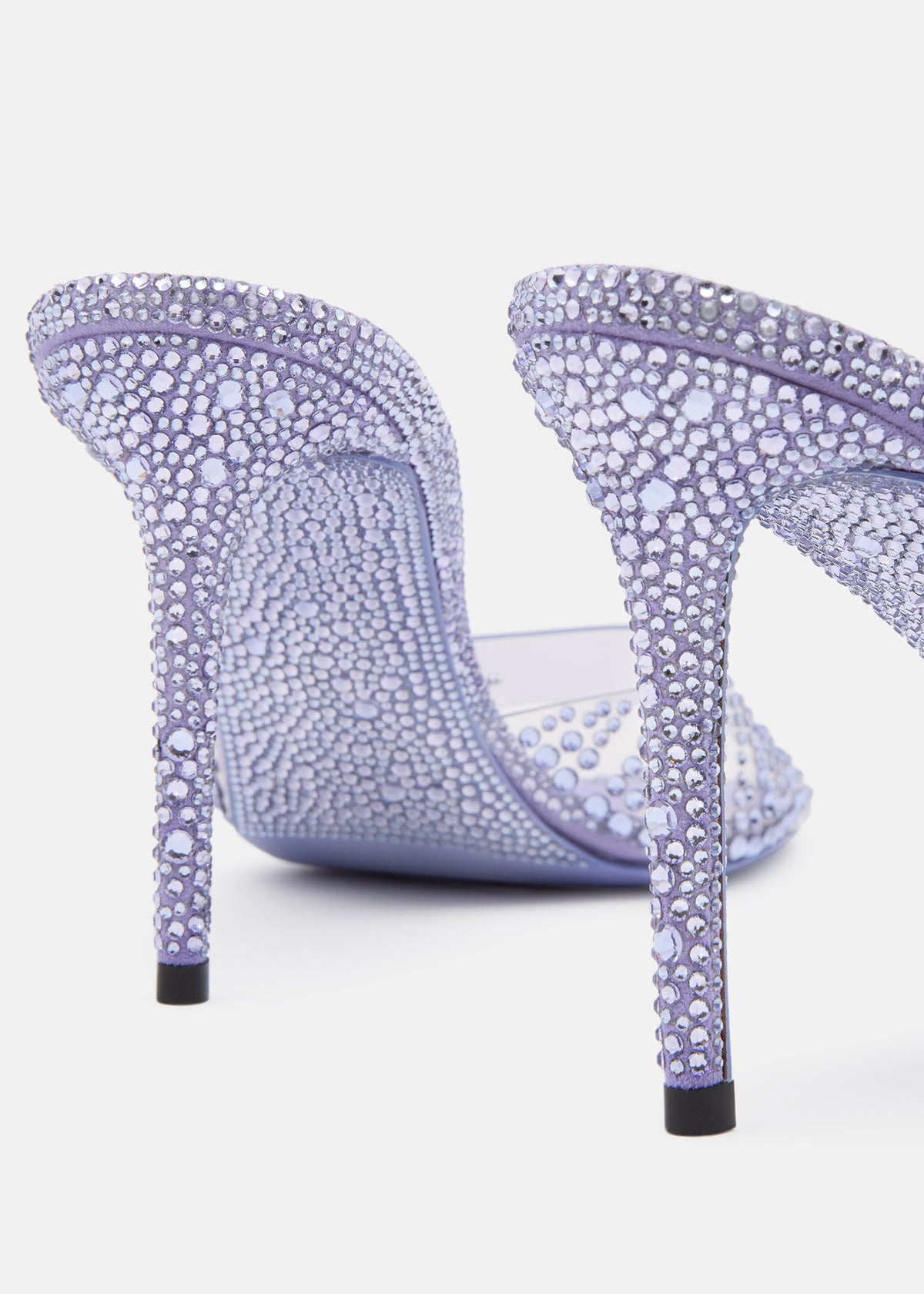 Valentina Lavender Crystal Flame Mules – rear view showing crystal flame, Vowalisse