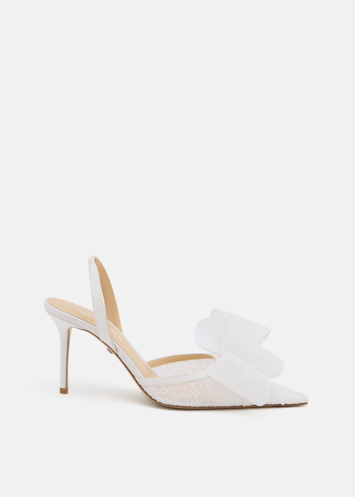 Isadora White Double Bow Slingbacks – front three-quarter view showing double bow, lace, white, red, Vowalisse