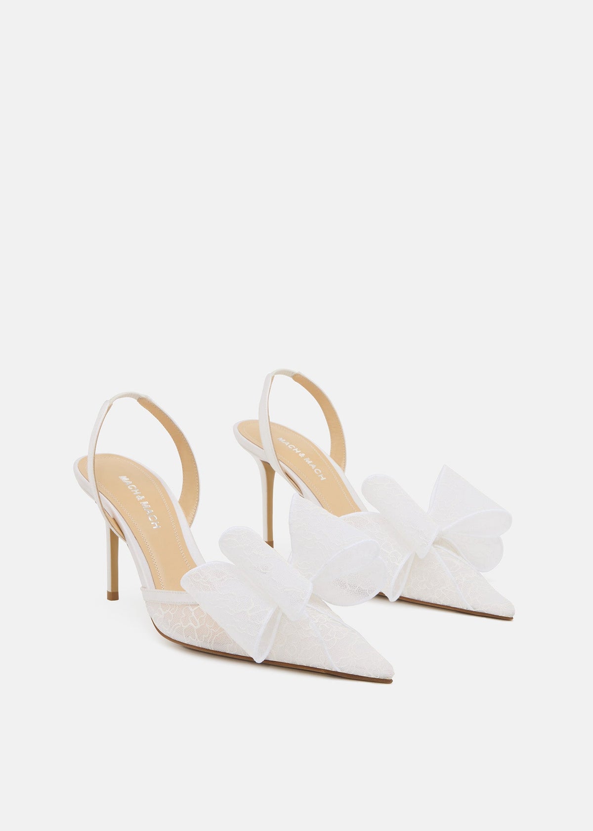 Isadora White Double Bow Slingbacks – side profile showing double bow, lace, white, red, Vowalisse