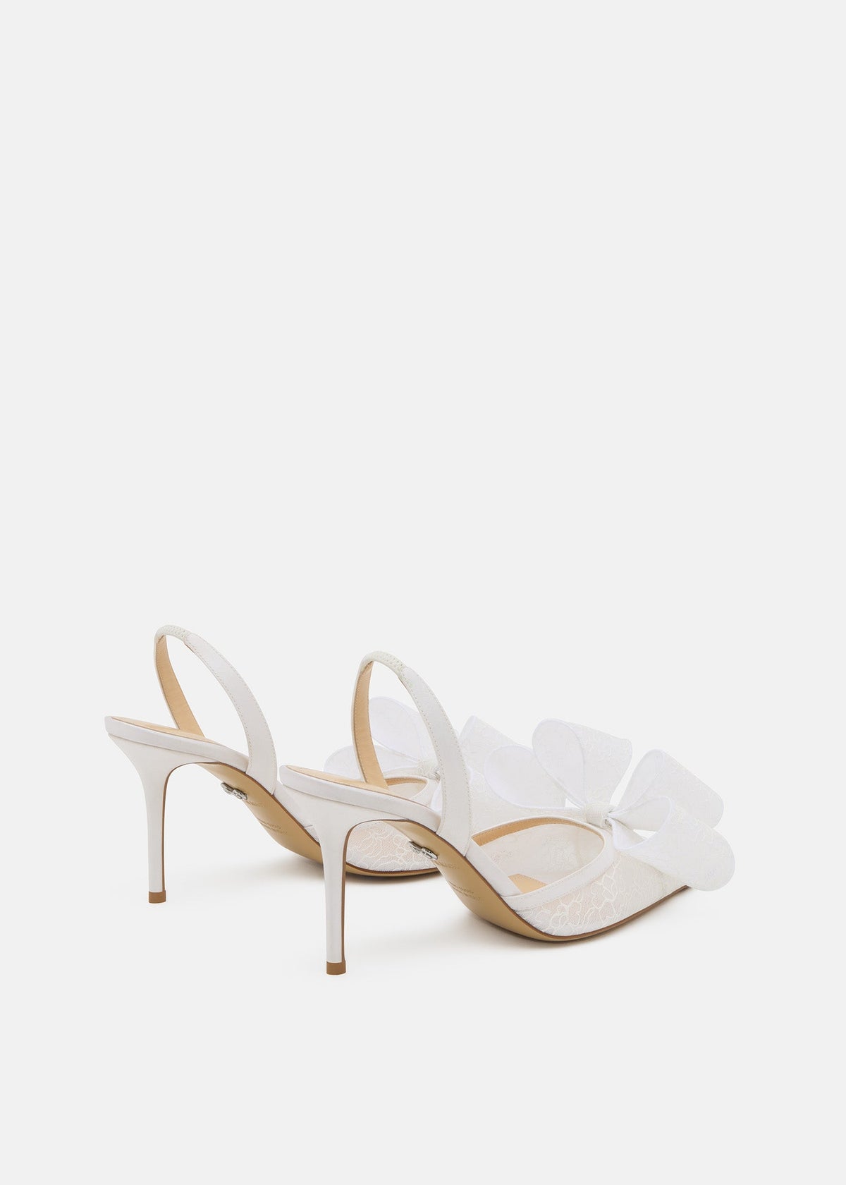 Isadora White Double Bow Slingbacks – heel view showing double bow, lace, white, red, Vowalisse