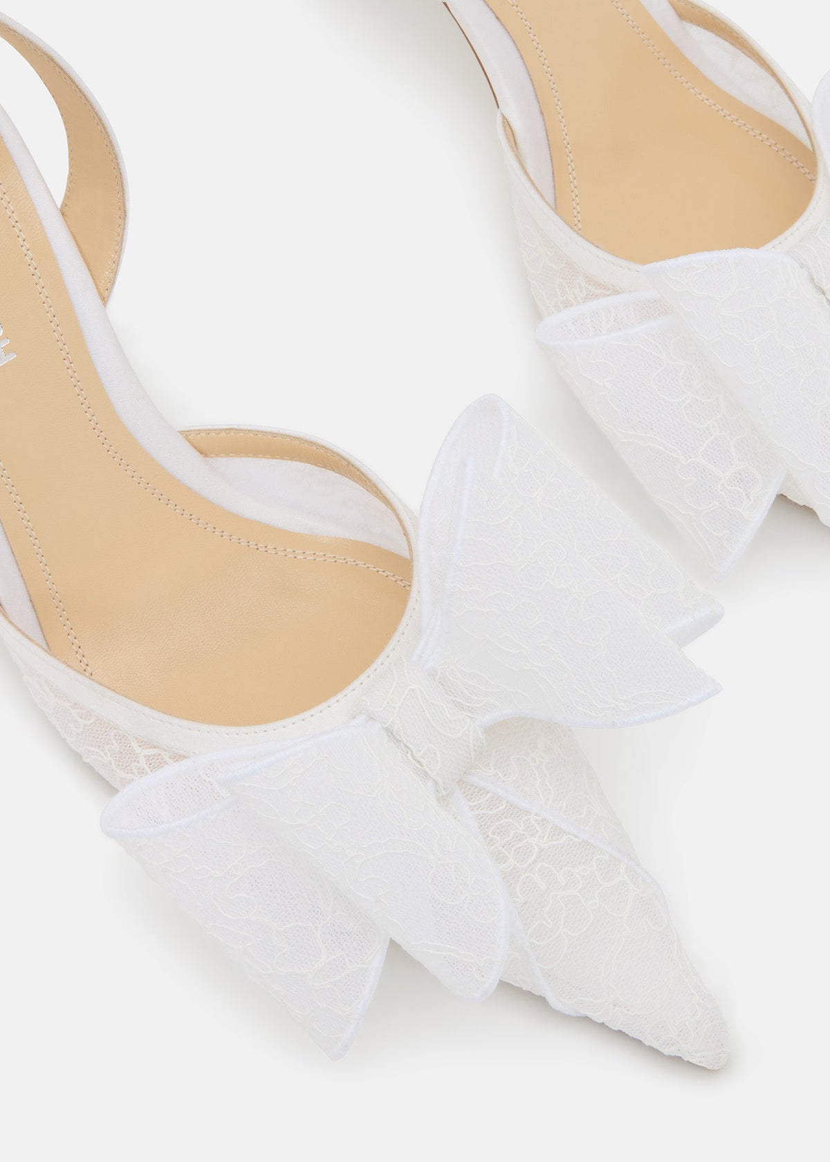 Isadora White Double Bow Slingbacks – rear view showing double bow, lace, white, red, Vowalisse