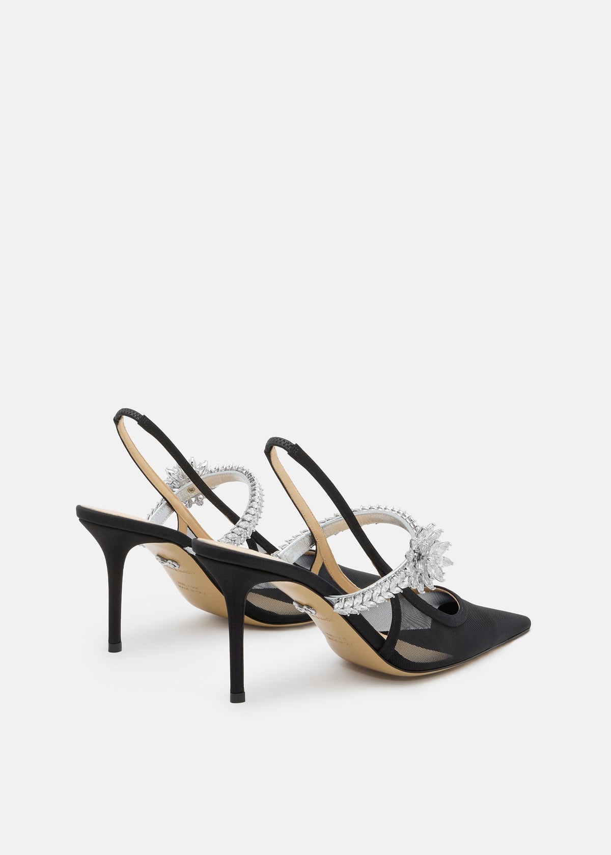 Camellia Black Lotus Flower Slingbacks – heel view showing lotus flower, crystal, mesh, black, Vowalisse
