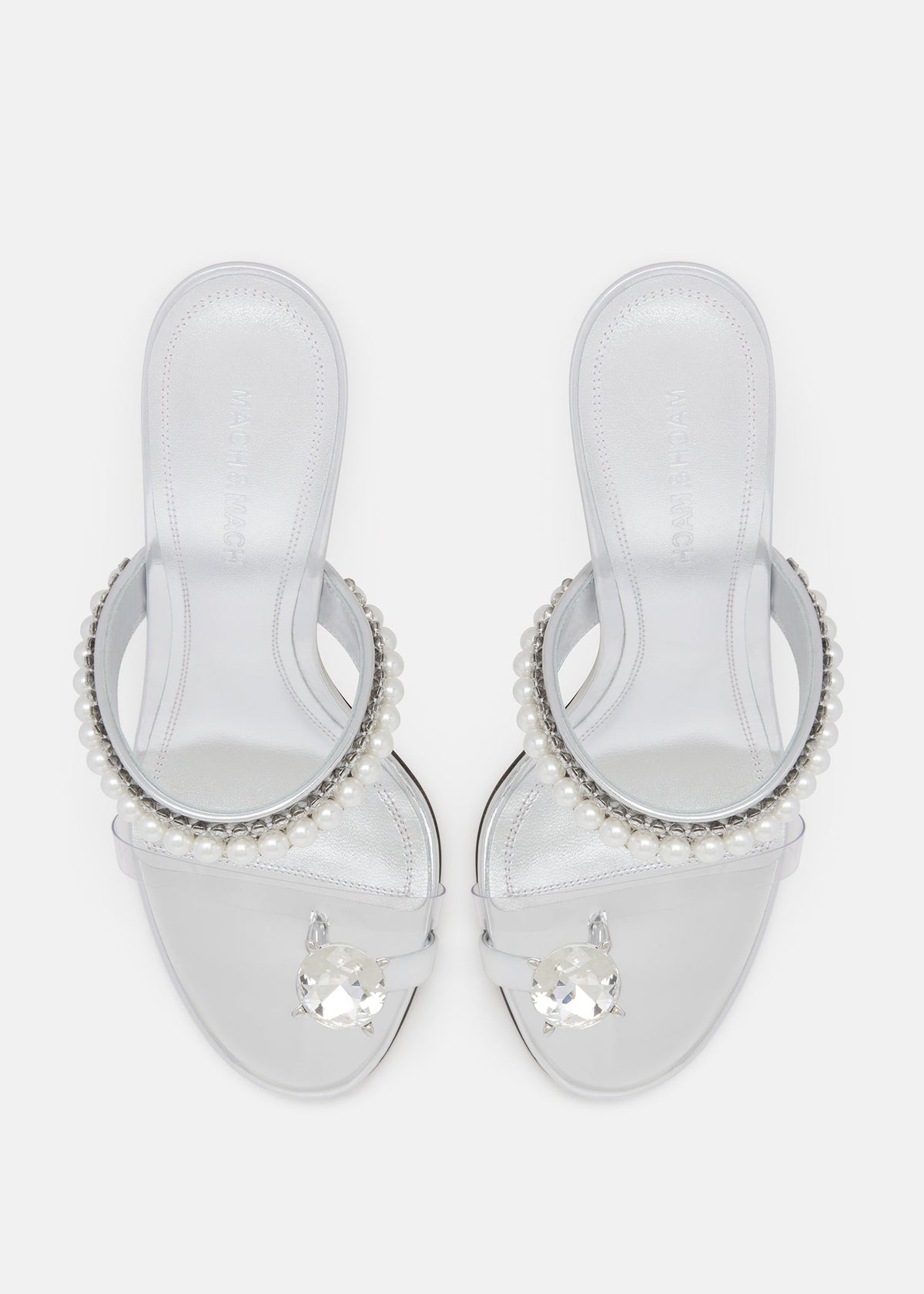 Alessia Silver Crystal Mules – crystal detail view showing crystal, silver, gold, Vowalisse